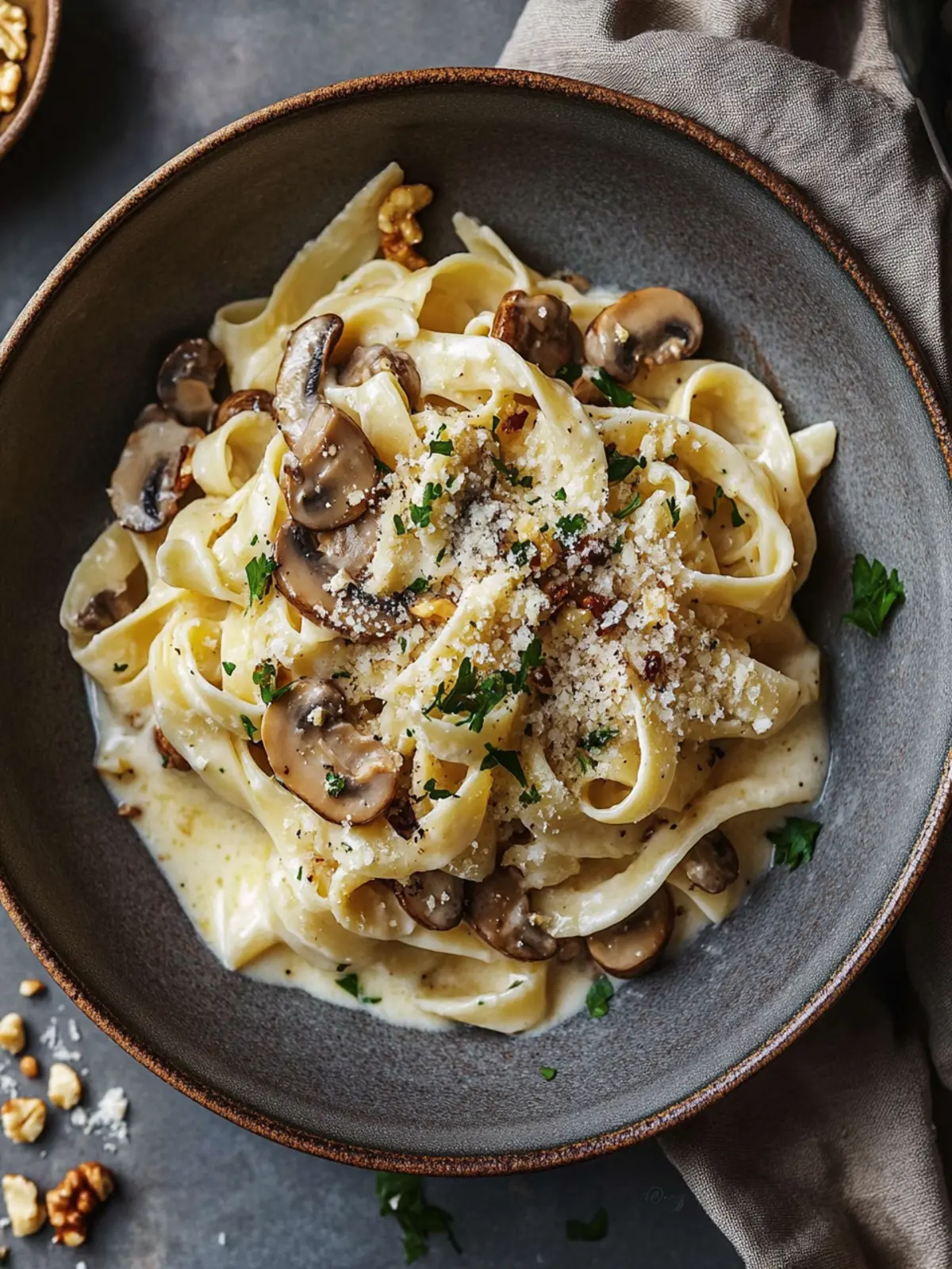 Easy mushroom, soft cheese & walnut pasta