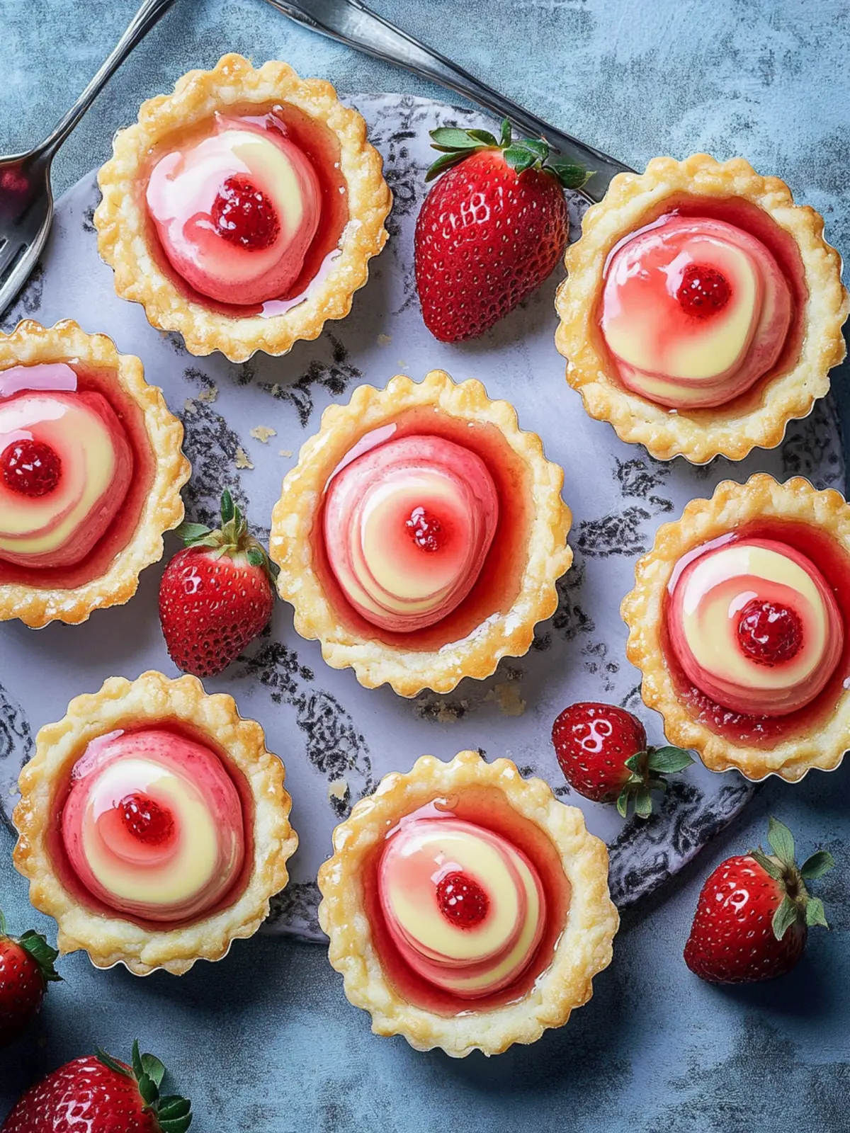 Heart-swirled strawberry custard tarts