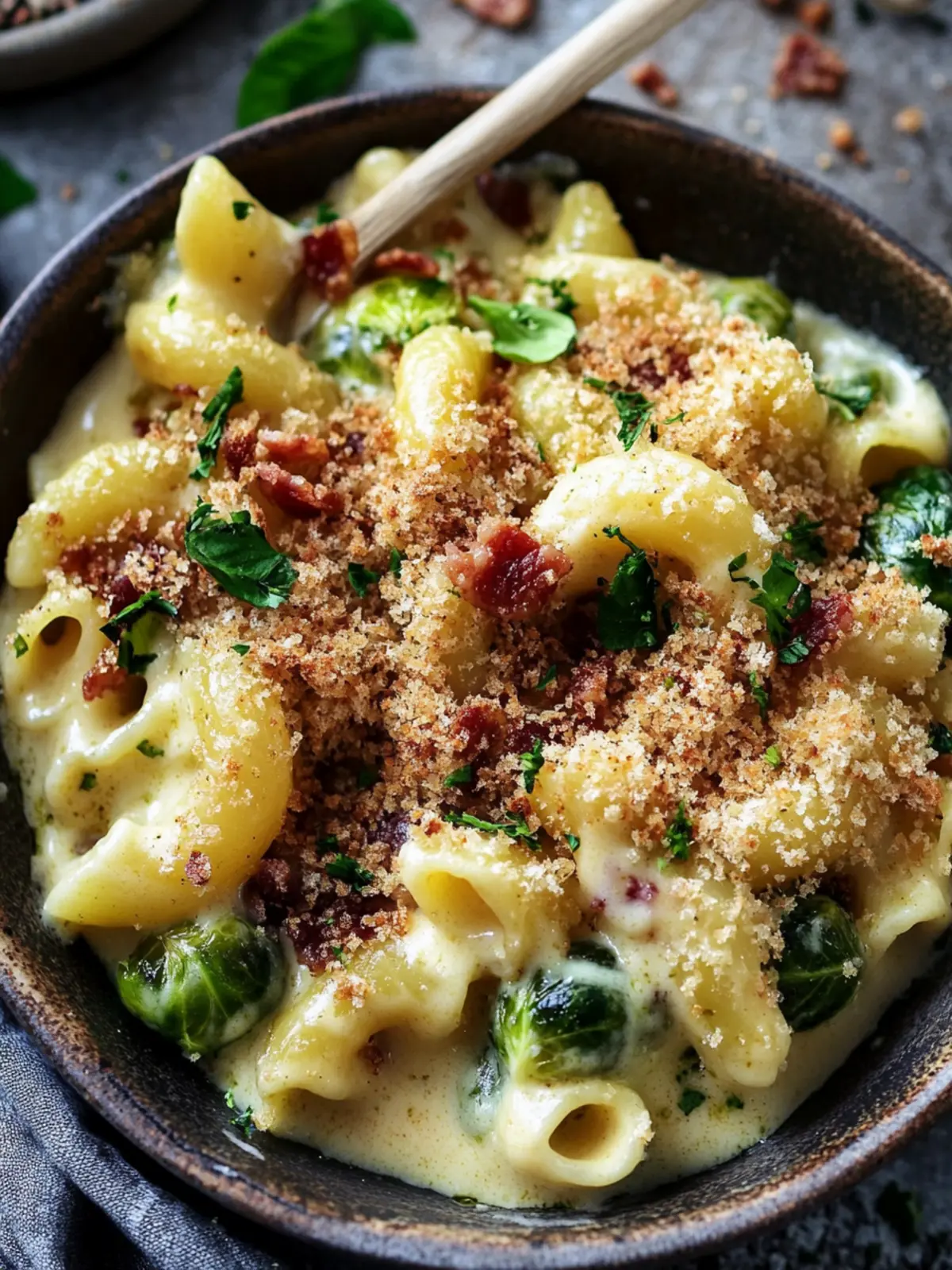 Mac and Cheese with Brussels Sprouts & Bacon Breadcrumbs