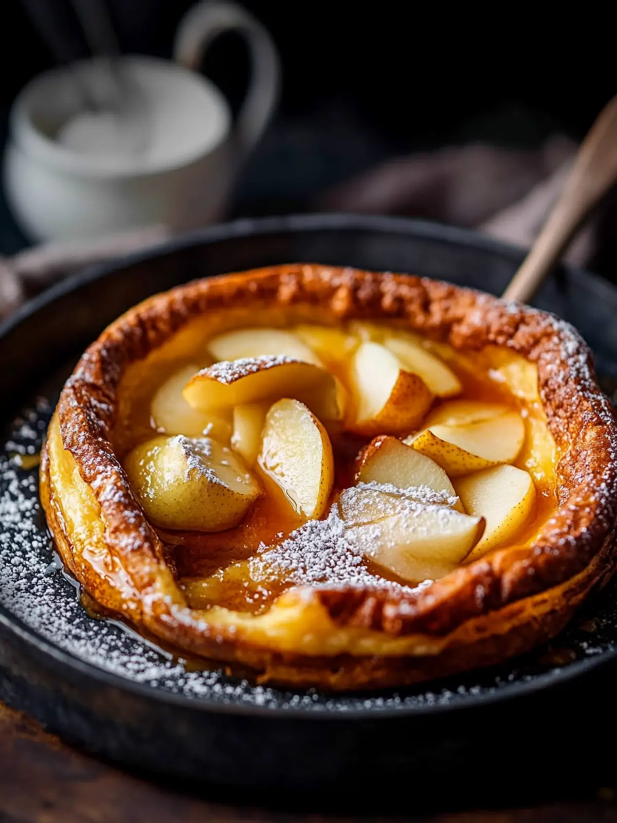 Dutch baby pancake with toffee apple and pears