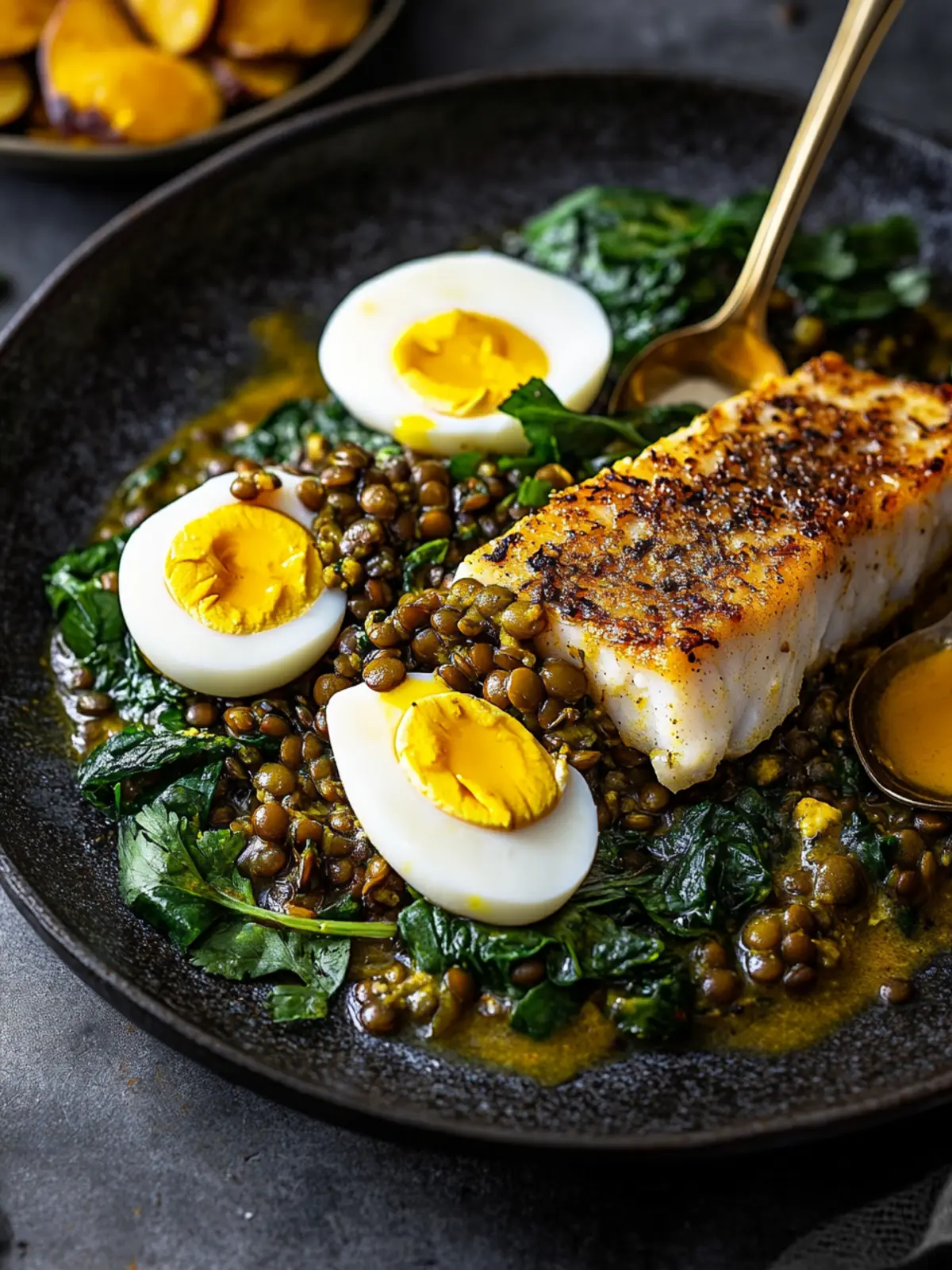 Smoked cod with green lentils, eggs and curry butter