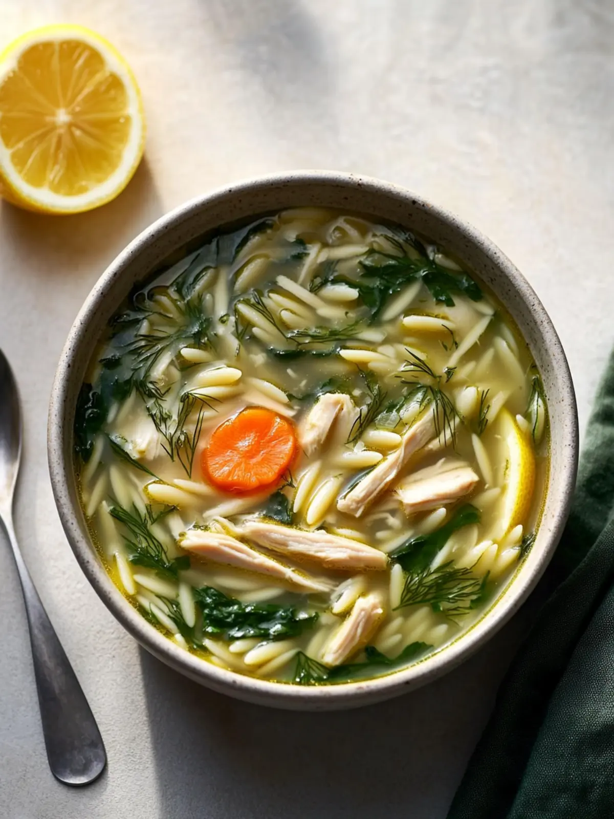 Lemony Chicken, Orzo & Spinach Soup with Dill