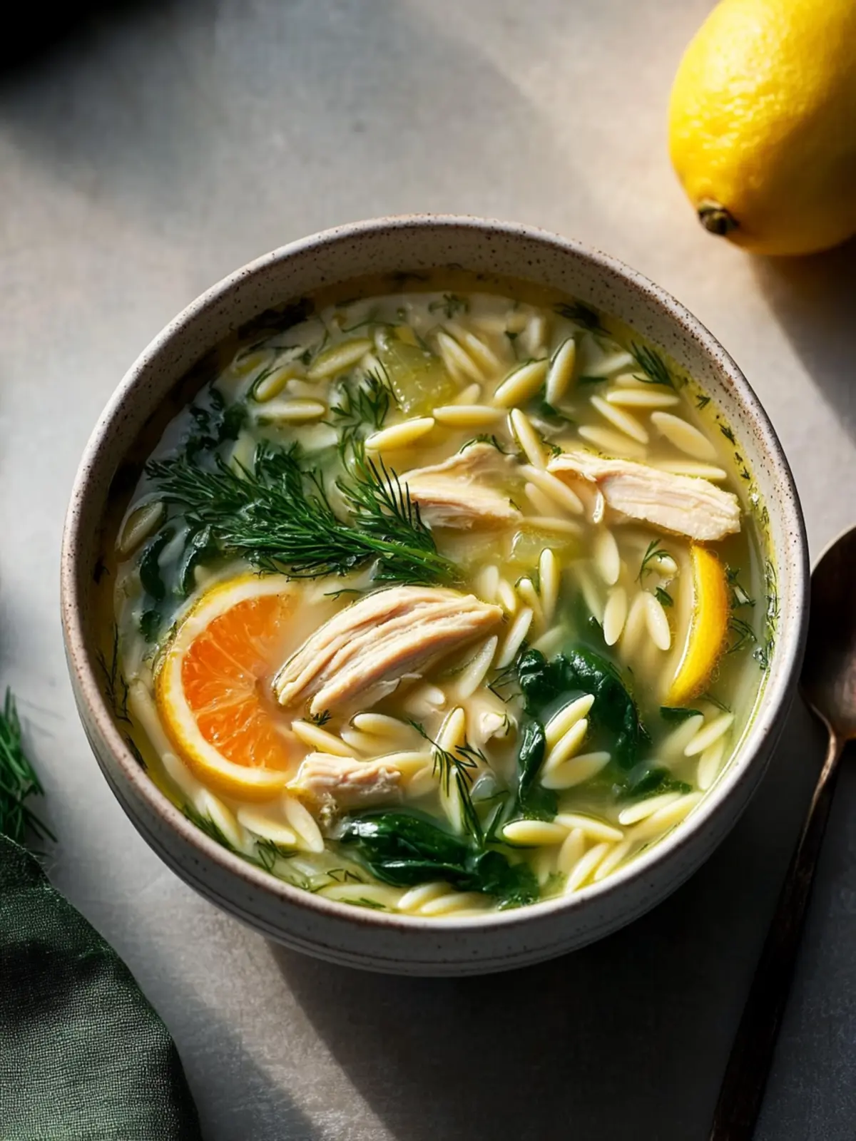 Lemony Chicken, Orzo & Spinach Soup with Dill