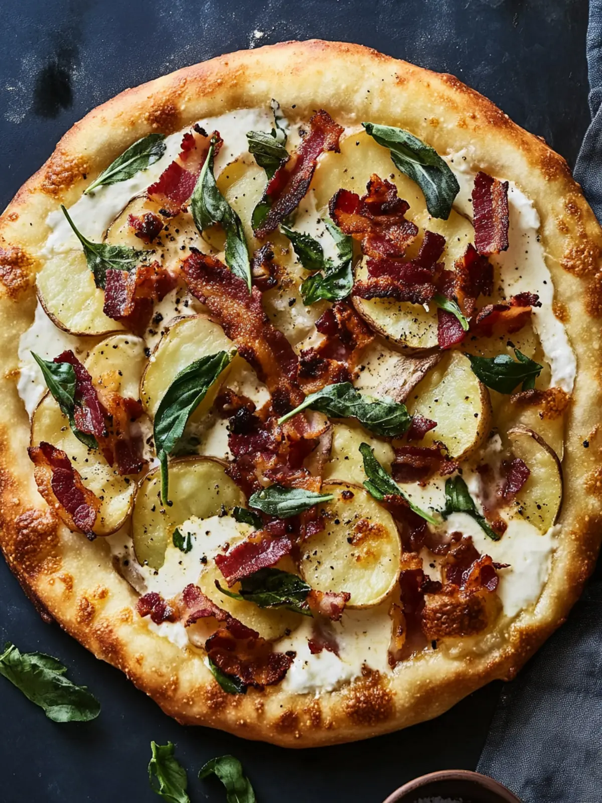 Potato Pizza with Crème Fraîche and Bacon