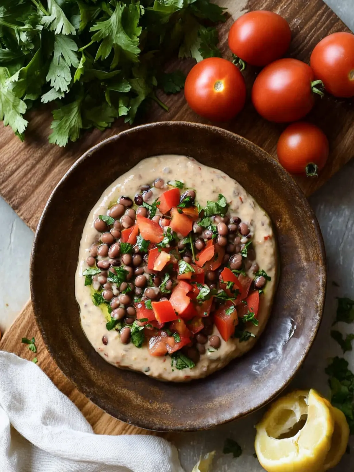 Easy Black-Eyed Pea Dip Recipe with Tahini, Tomatoes, and Garlic