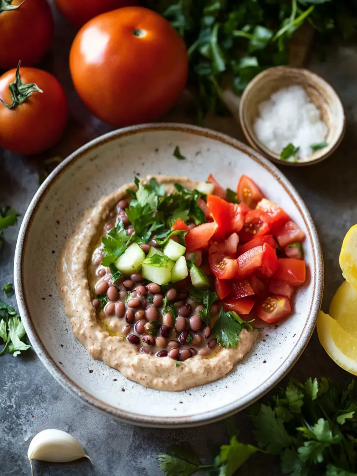 Easy Black-Eyed Pea Dip Recipe with Tahini, Tomatoes, and Garlic