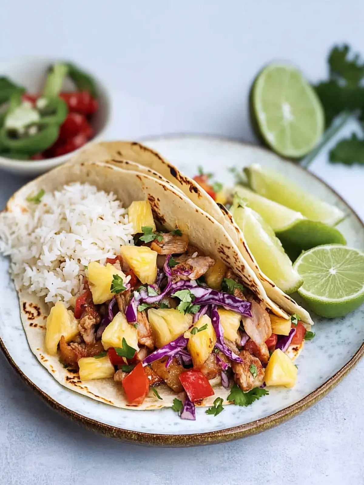 Hawaiian Hula Pork Fajitas with Pineapple Slaw + Coconut Rice.
