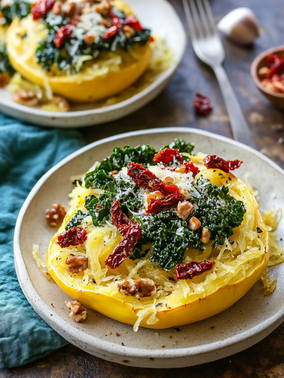 Roasted Garlic and Kale Spaghetti Squash with Sun-Dried Tomatoes