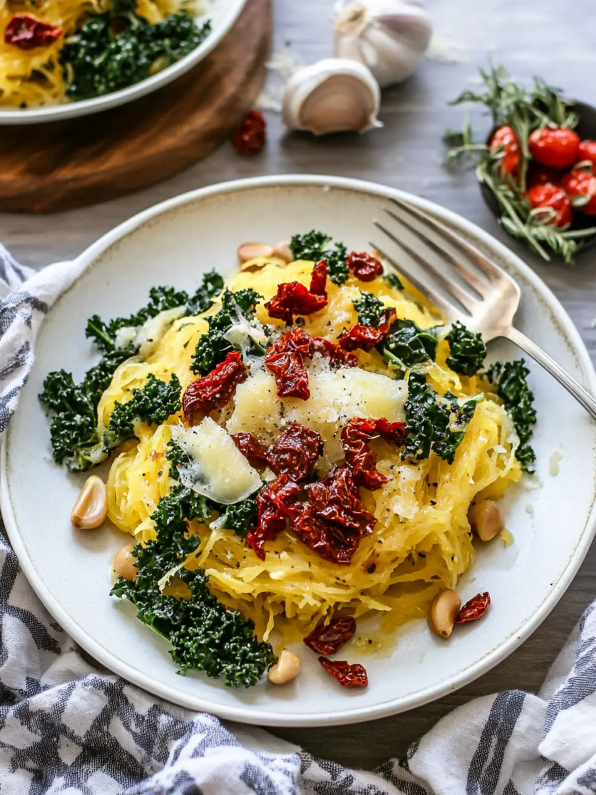 Roasted Garlic and Kale Spaghetti Squash with Sun-Dried Tomatoes