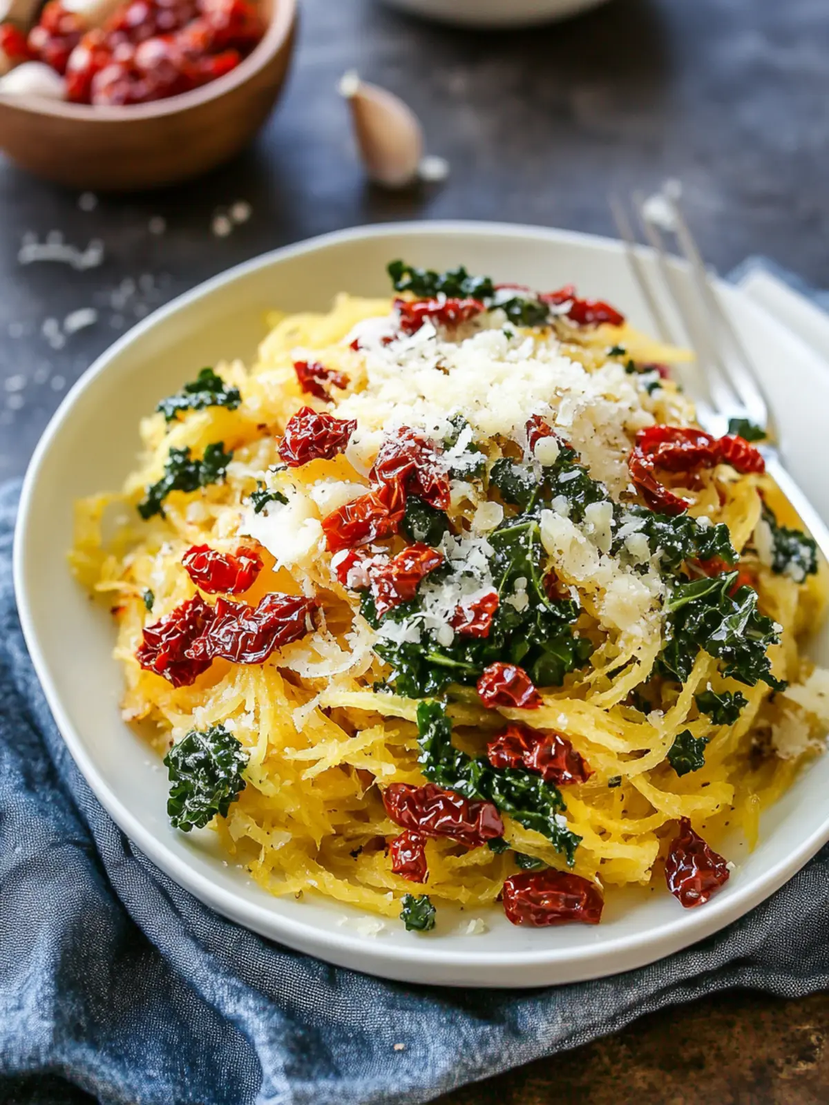 Roasted Garlic and Kale Spaghetti Squash with Sun-Dried Tomatoes