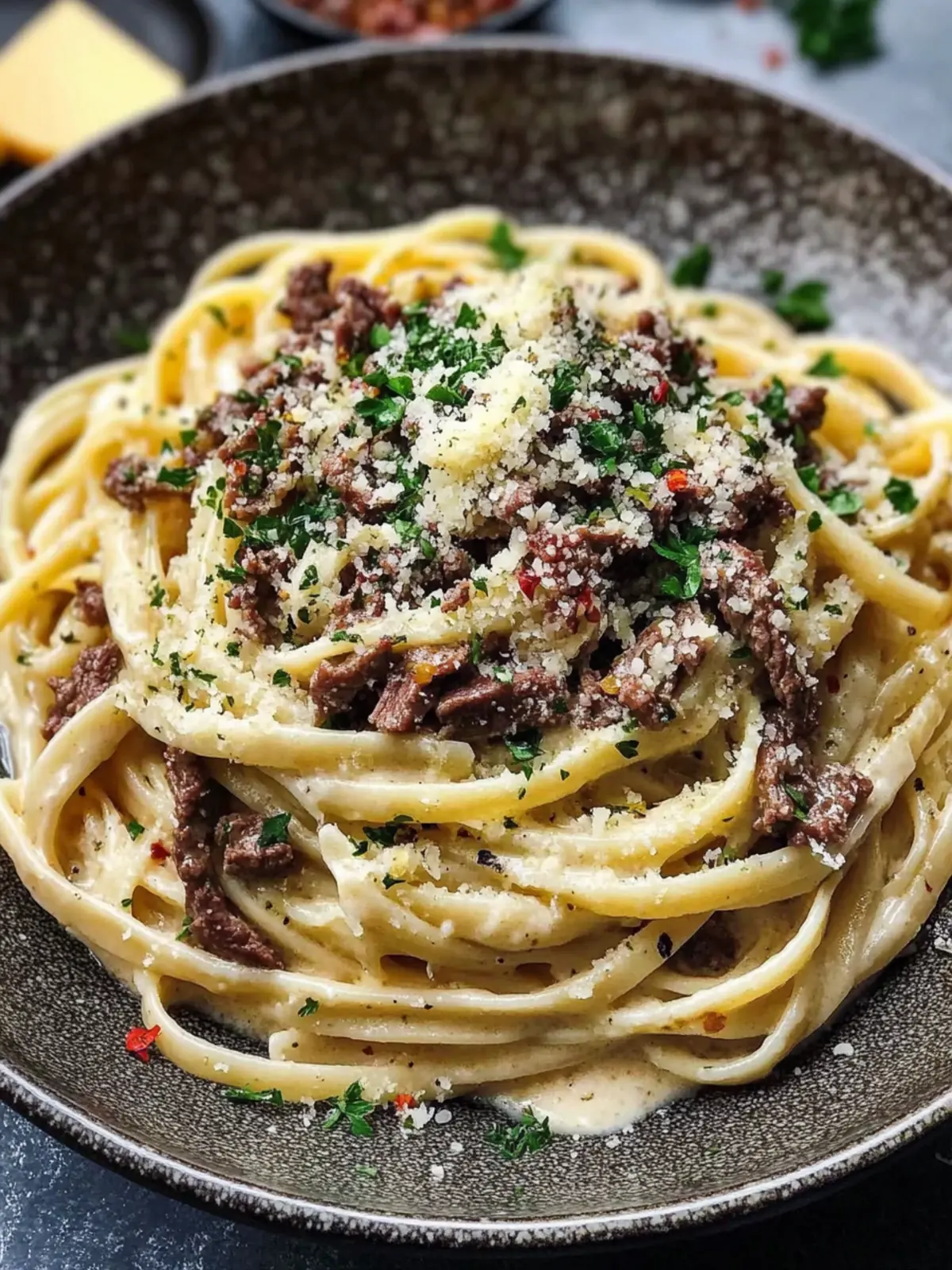 Creamy Parmesan Beef Linguine with Garlic Butter Sauce