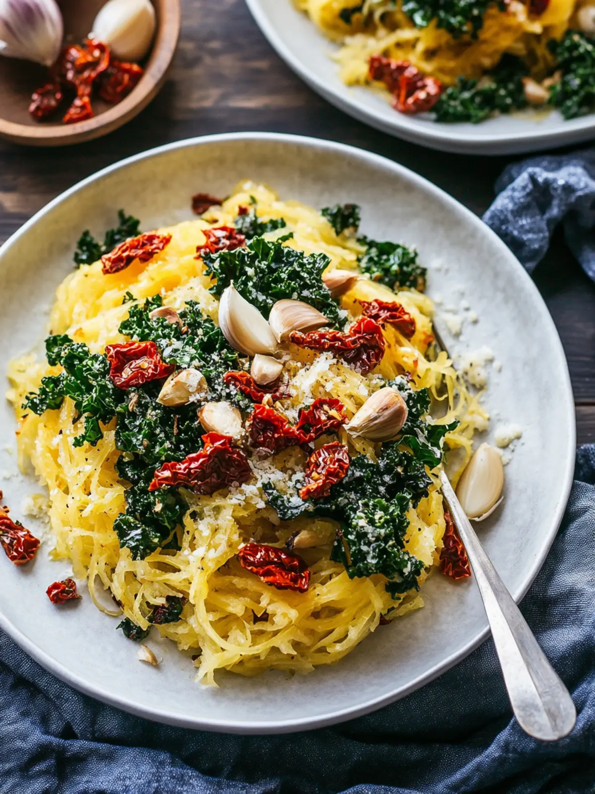 Roasted Garlic and Kale Spaghetti Squash with Sun-Dried Tomatoes