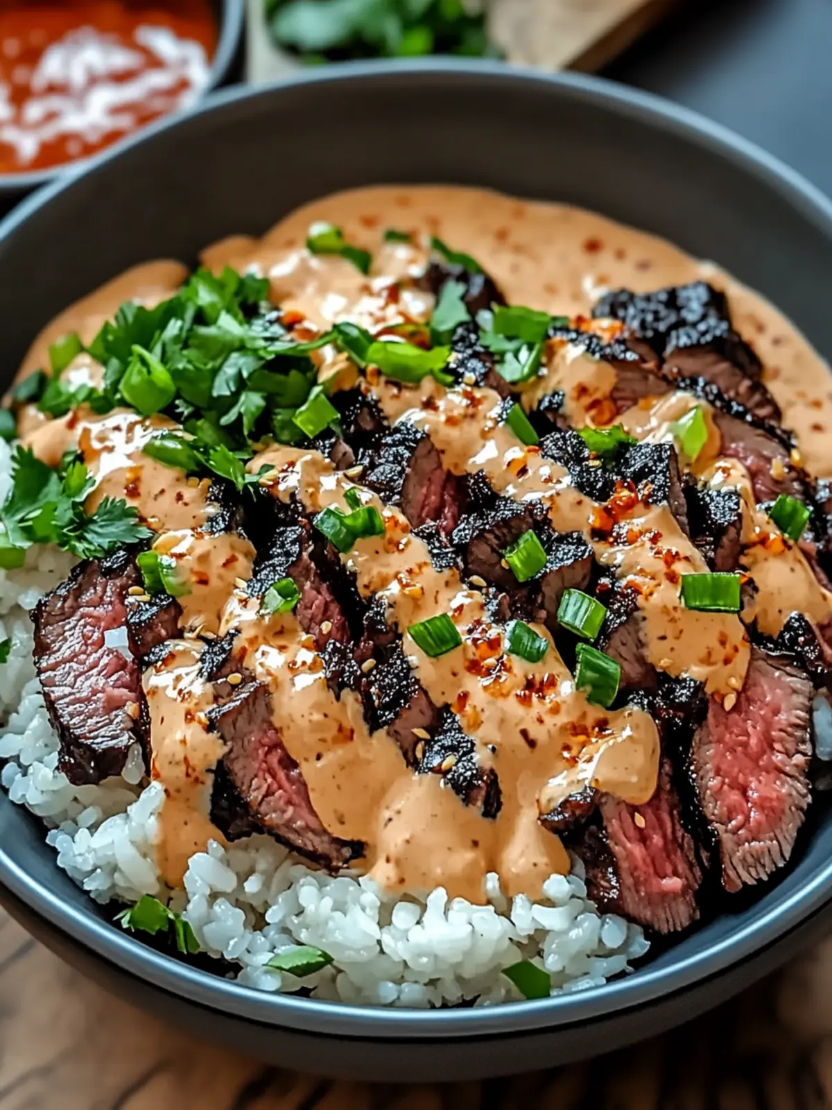 Korean BBQ Steak Rice Bowls with Spicy Cream Sauce Recipe