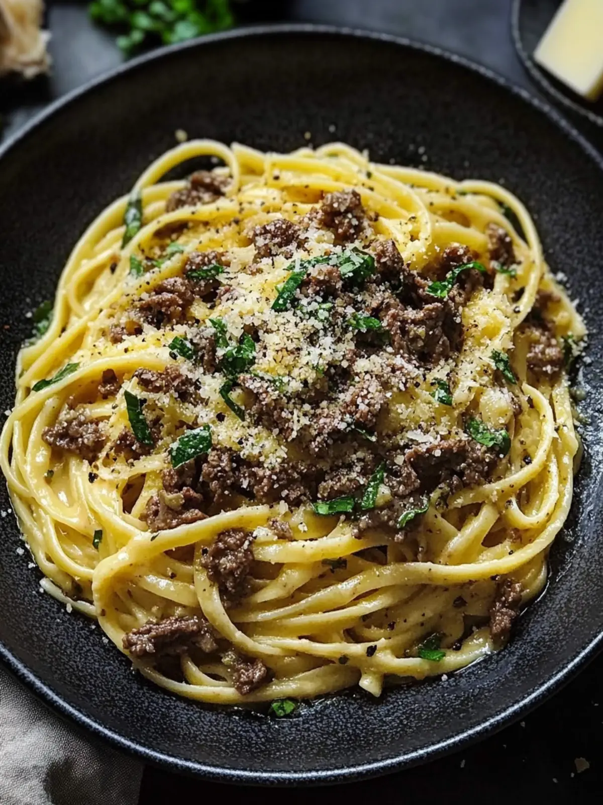 Creamy Parmesan Beef Linguine with Garlic Butter Sauce