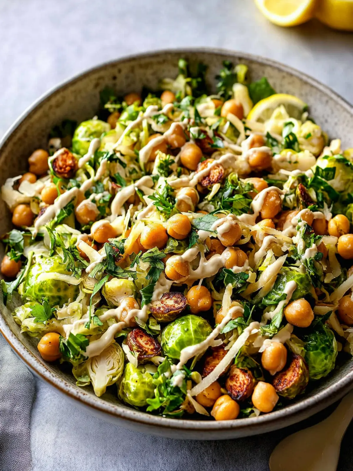 Shaved Brussels Sprouts Salad with Chickpeas and Lemon Tahini