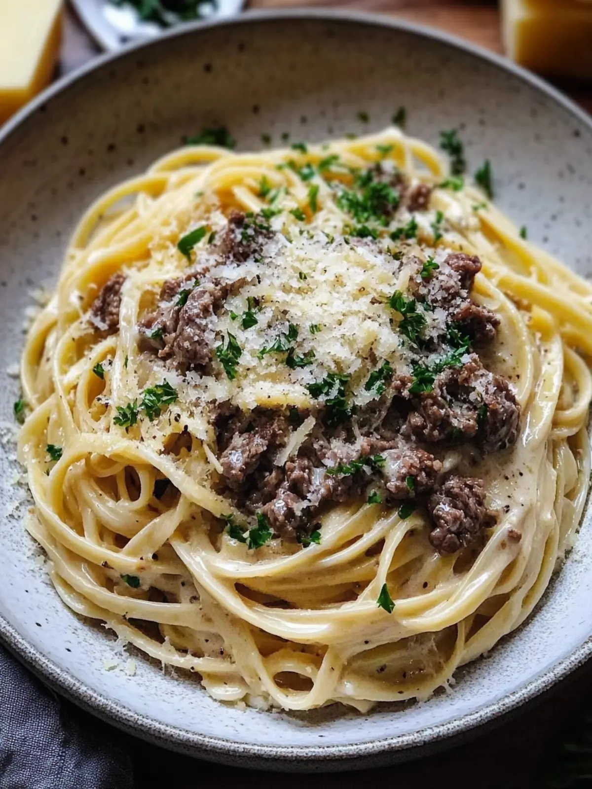 Creamy Parmesan Beef Linguine with Garlic Butter Sauce
