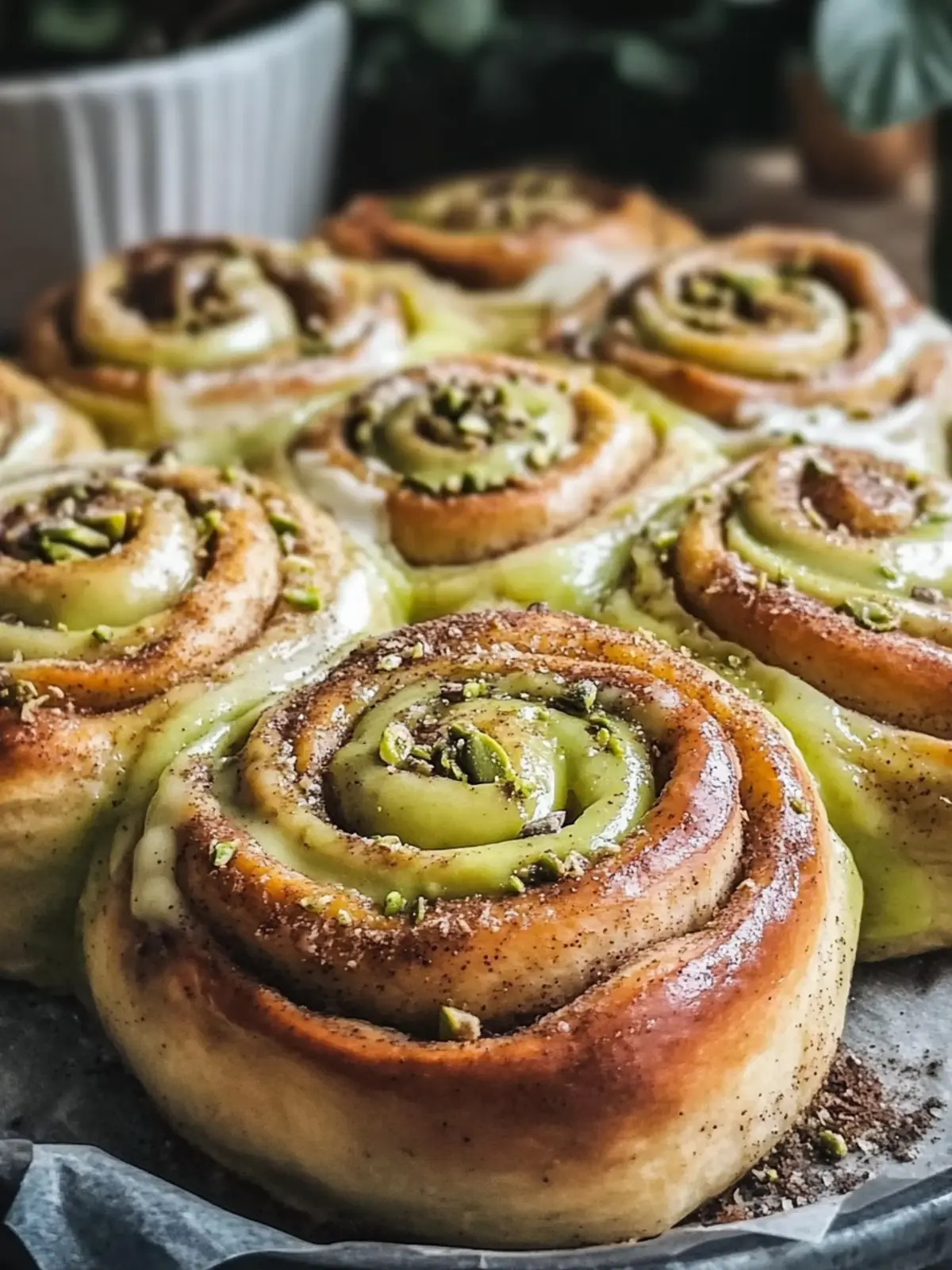Warm Pistachio Cream Cinnamon Rolls