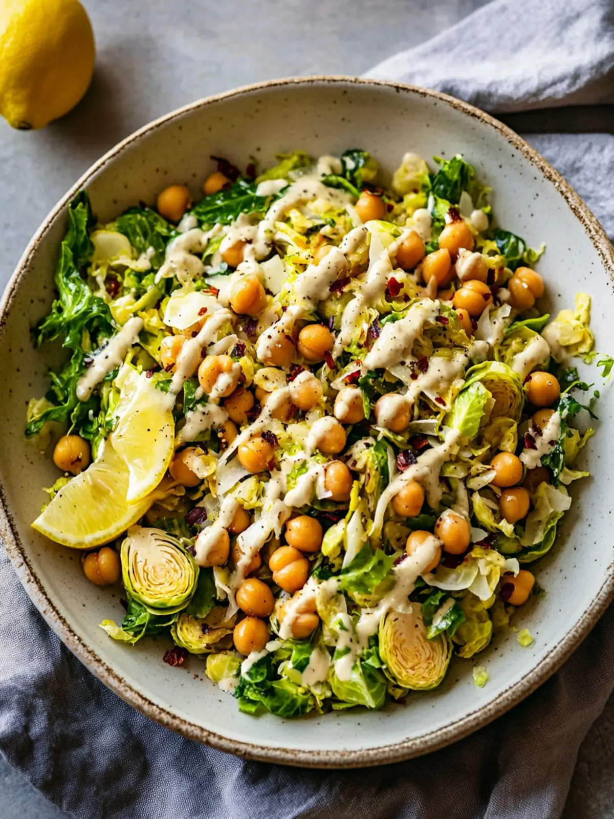 Shaved Brussels Sprouts Salad with Chickpeas and Lemon Tahini