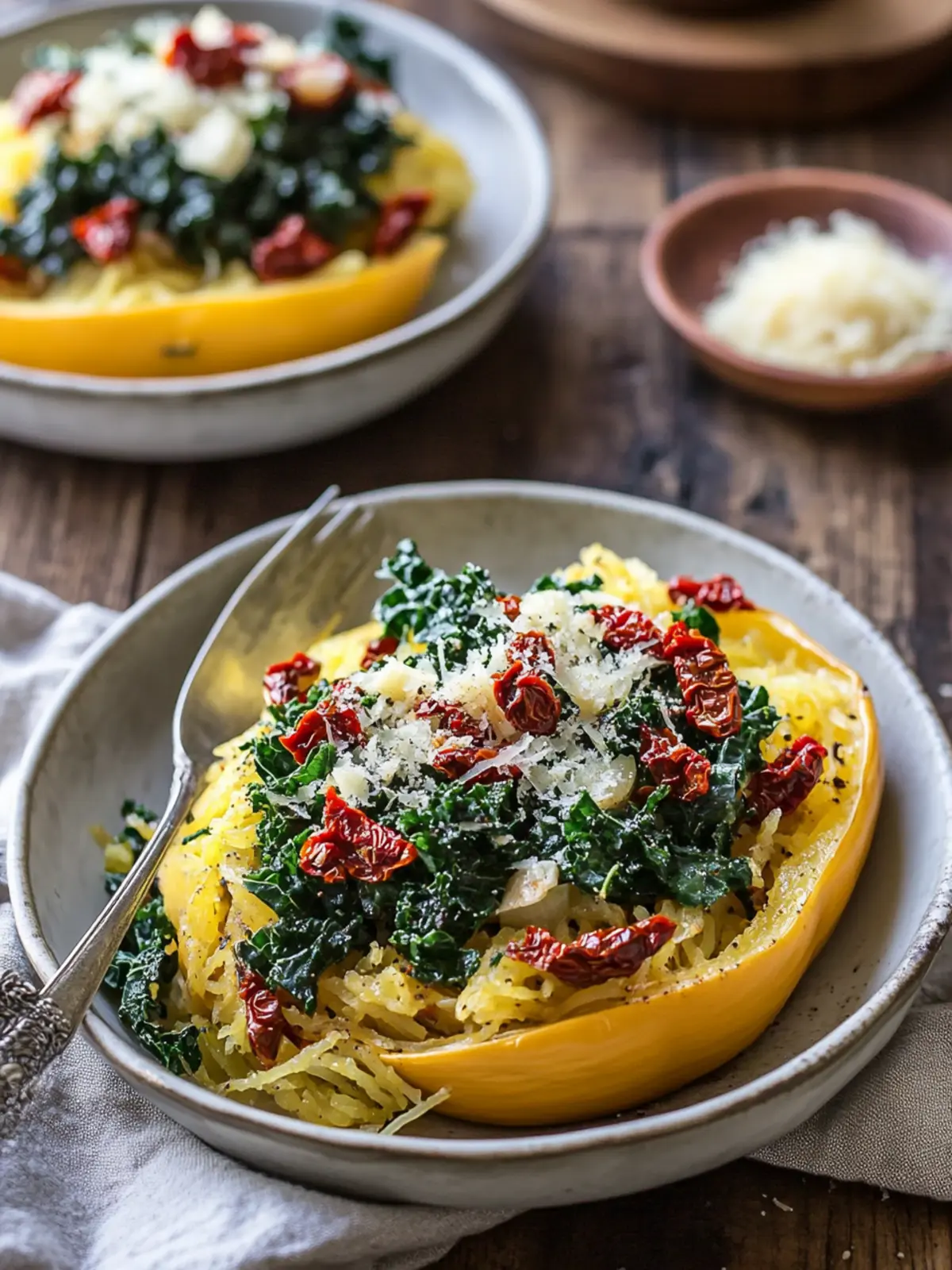 Roasted Garlic and Kale Spaghetti Squash with Sun-Dried Tomatoes