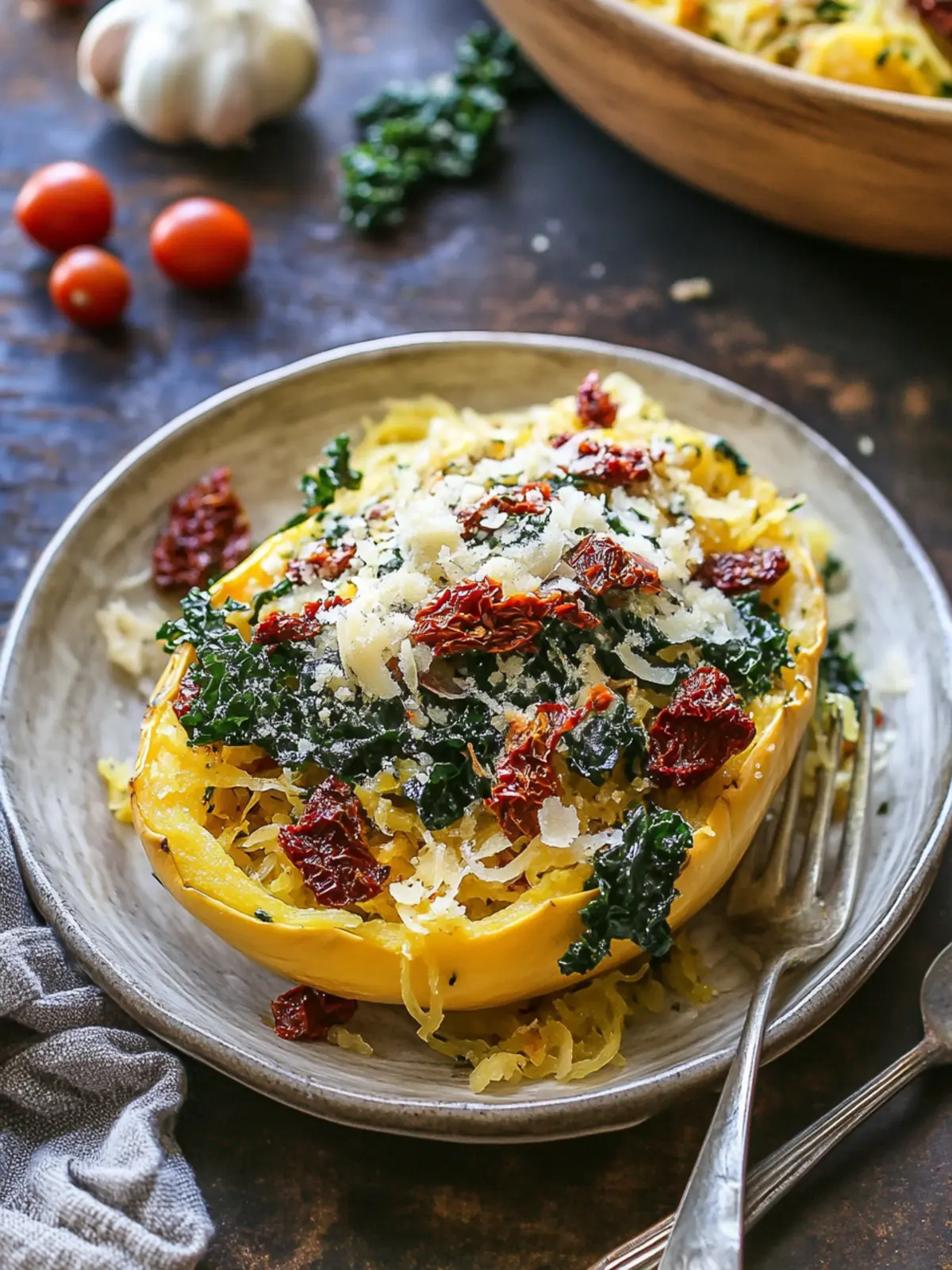 Roasted Garlic and Kale Spaghetti Squash with Sun-Dried Tomatoes