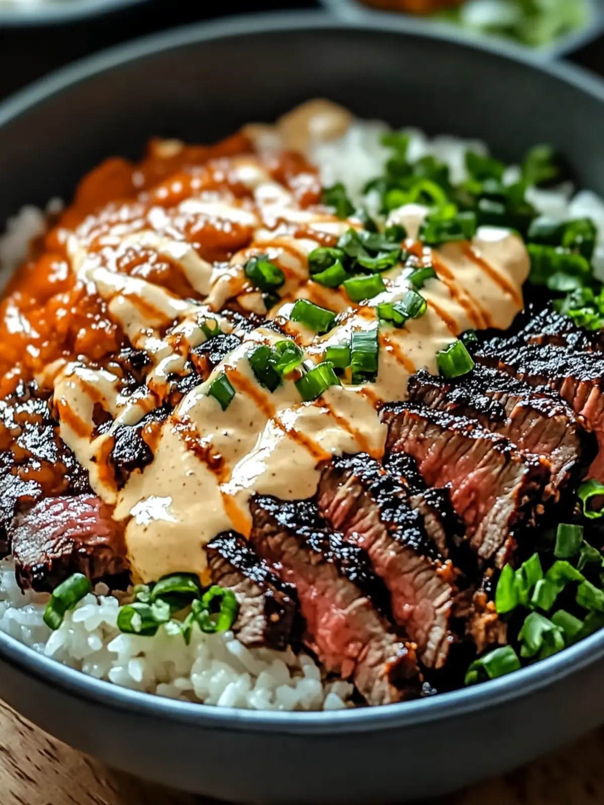 Korean BBQ Steak Rice Bowls with Spicy Cream Sauce