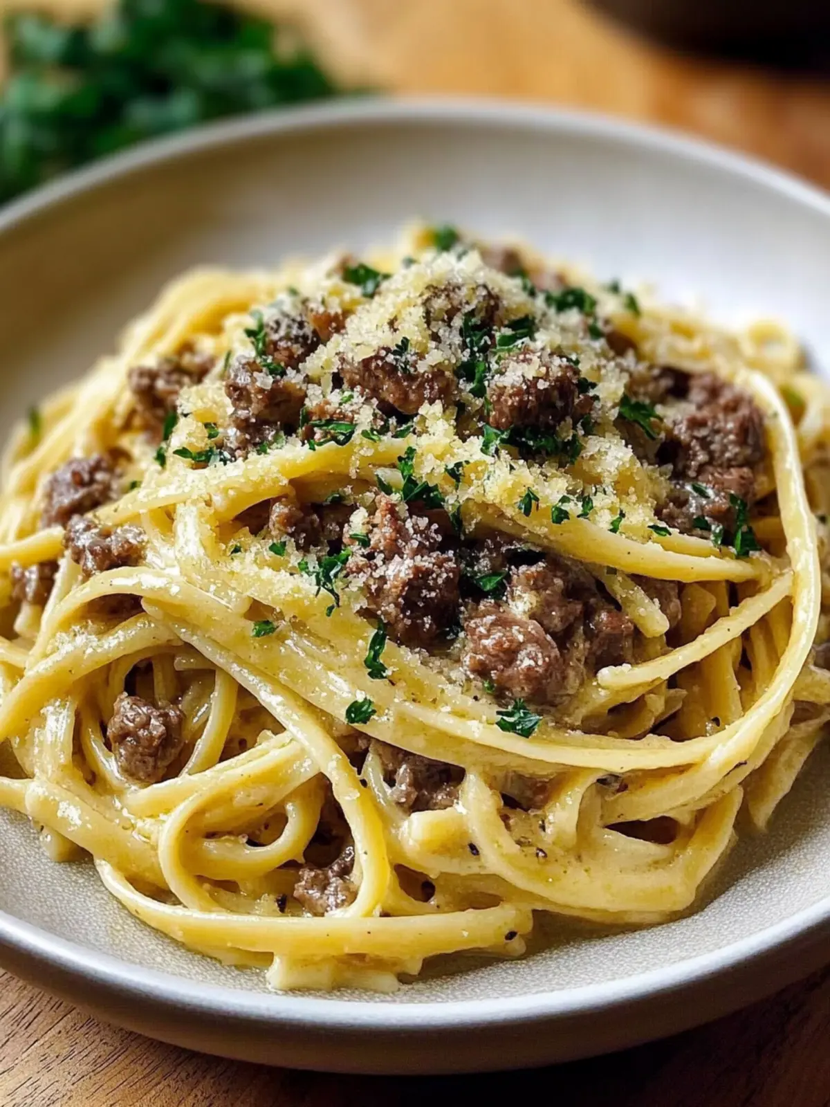 Creamy Parmesan Beef Linguine with Garlic Butter Sauce