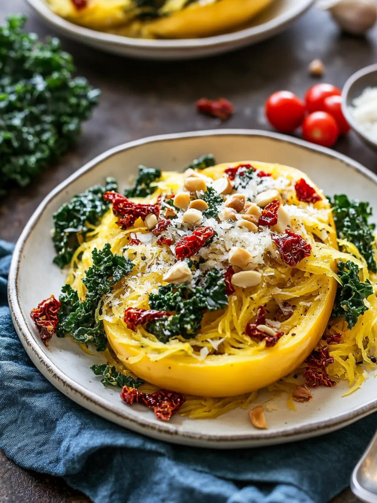Roasted Garlic and Kale Spaghetti Squash with Sun-Dried Tomatoes