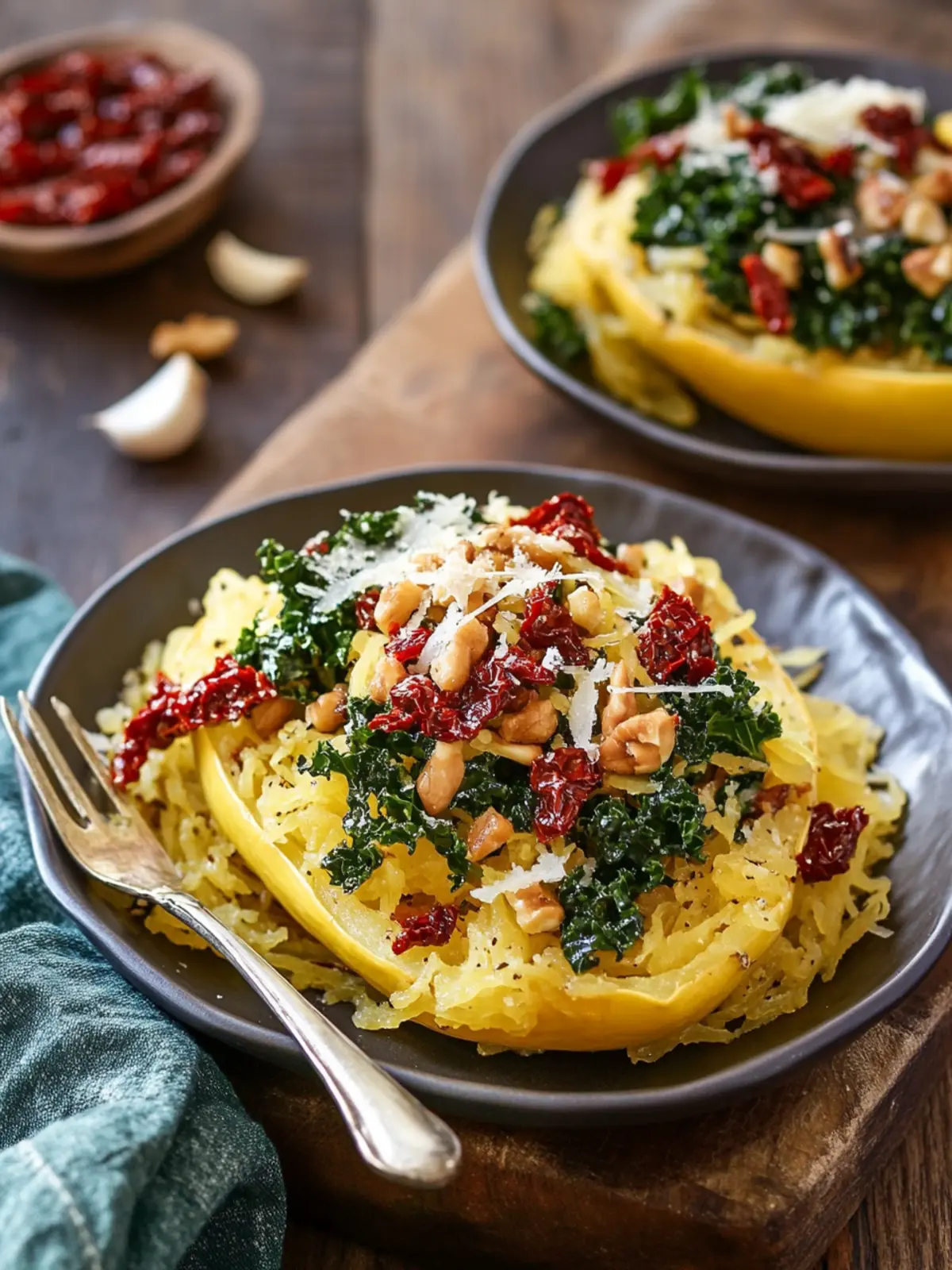 Roasted Garlic and Kale Spaghetti Squash with Sun-Dried Tomatoes