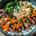 Korean BBQ Steak Rice Bowls with Spicy Cream Sauce