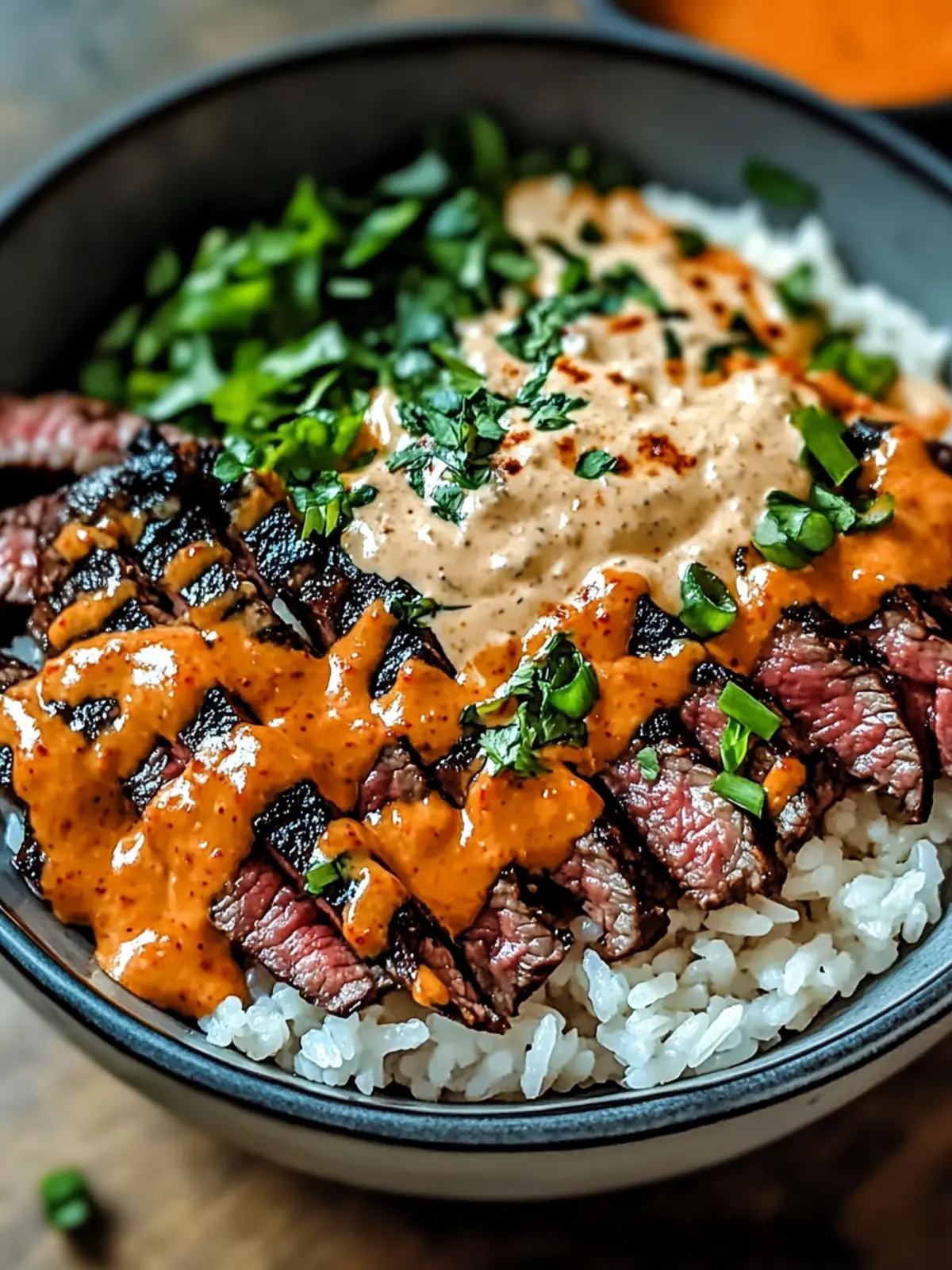 Korean BBQ Steak Rice Bowls with Spicy Cream Sauce