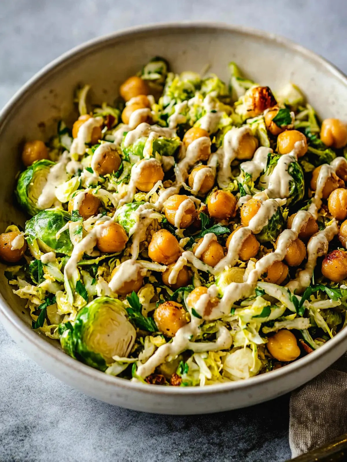 Shaved Brussels Sprouts Salad with Chickpeas and Lemon Tahini