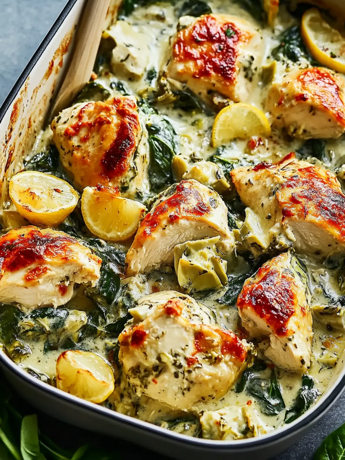Creamy Lemon Spinach Artichoke Chicken Bake