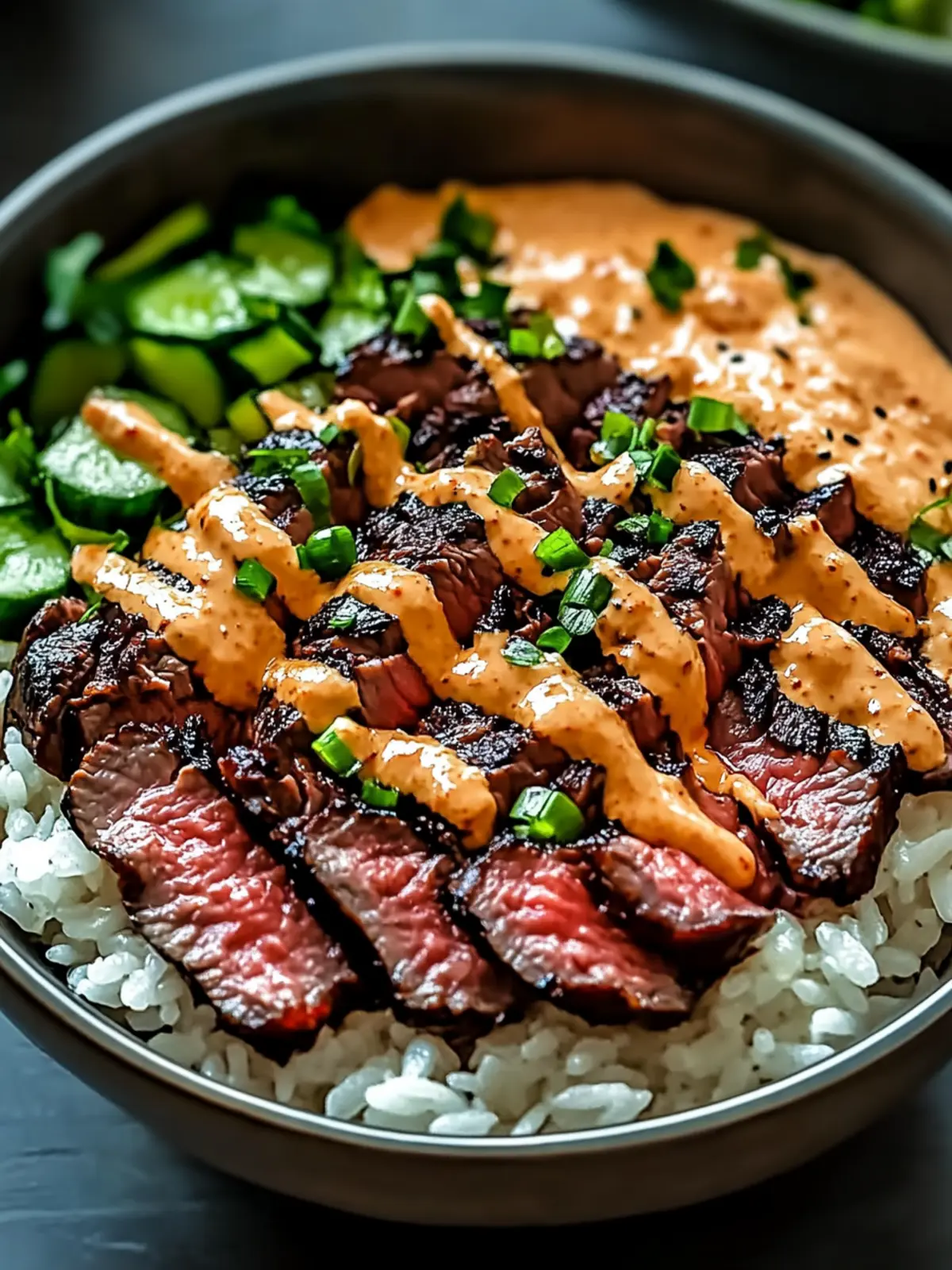 Korean BBQ Steak Rice Bowls with Spicy Cream Sauce Recipe