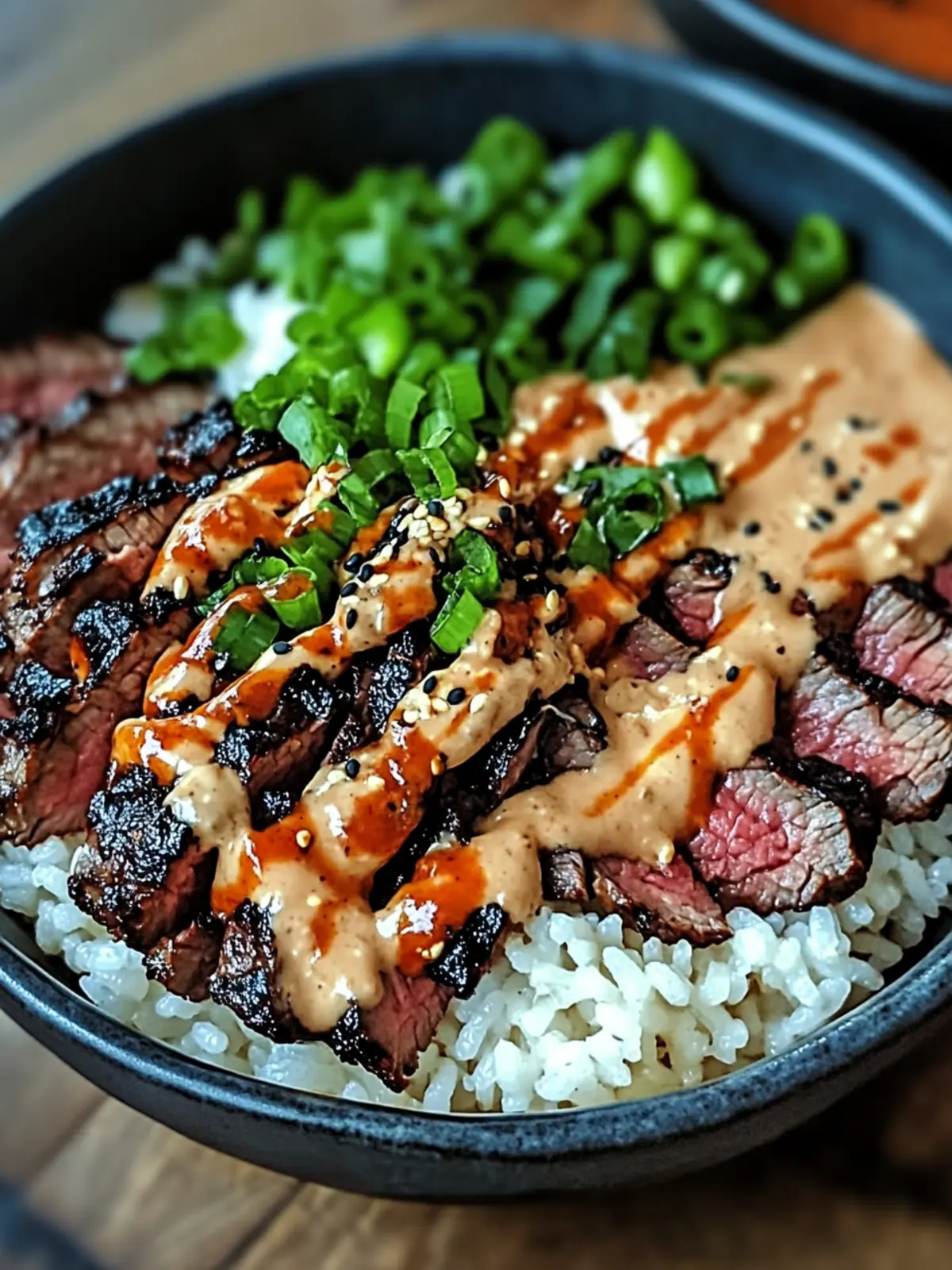 Korean BBQ Steak Rice Bowls with Spicy Cream Sauce