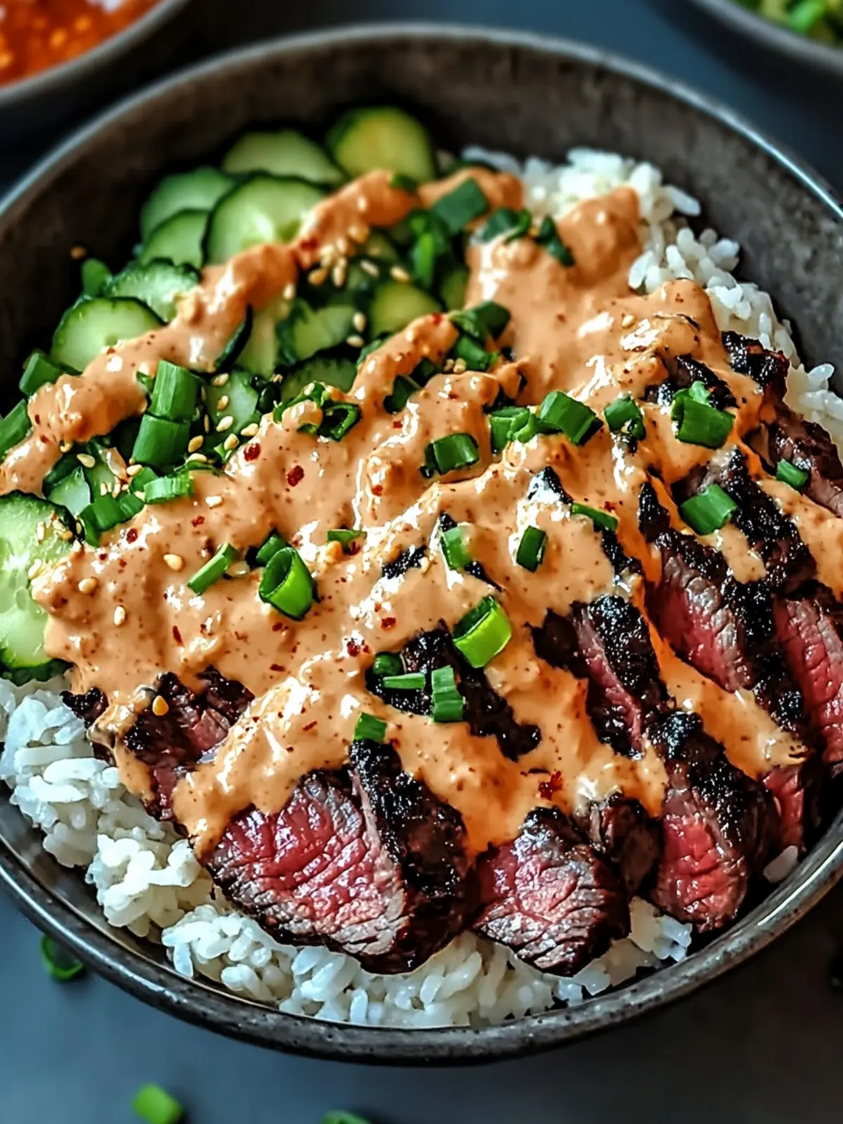 Korean BBQ Steak Rice Bowls with Spicy Cream Sauce