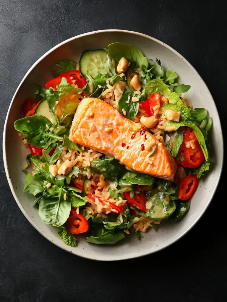 Crispy Rice Salmon Salad with Peanut Dressing