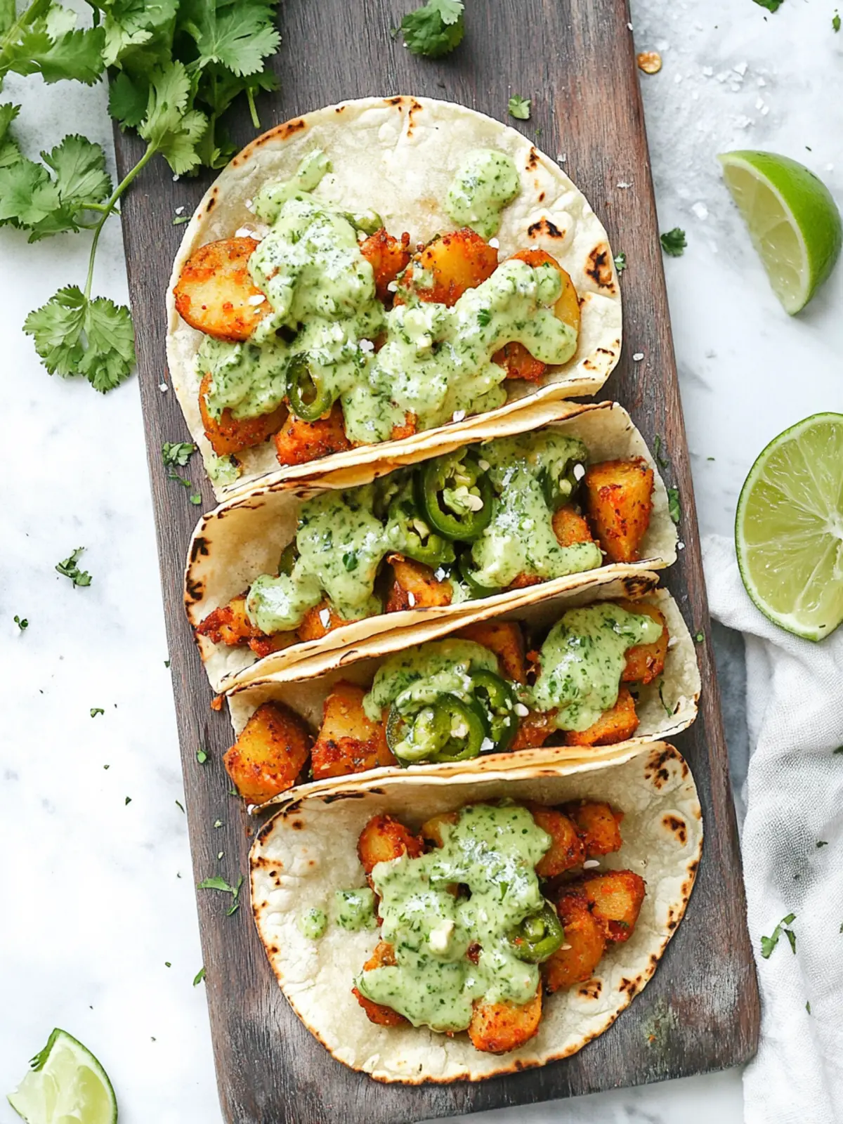 Crispy Vegan Potato Tacos with Jalapeño Cilantro Sauce