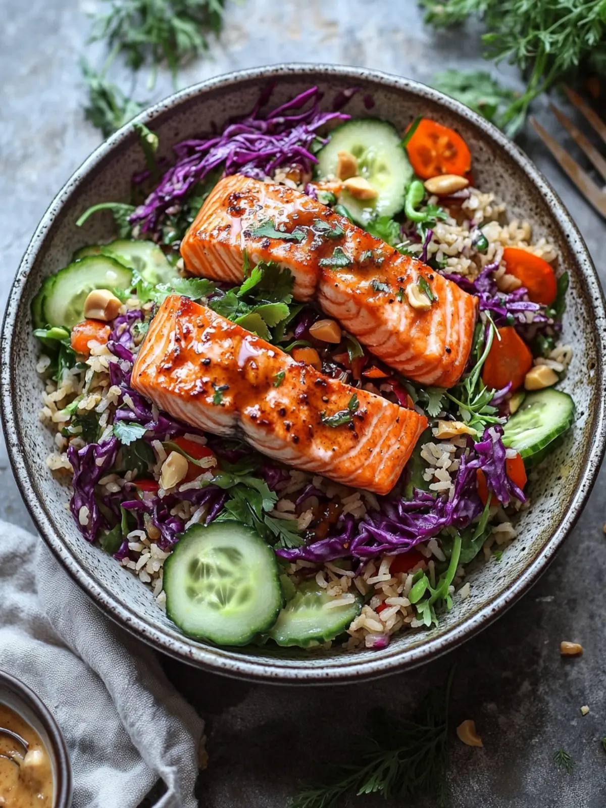 Crispy Rice Salmon Salad with Peanut Dressing