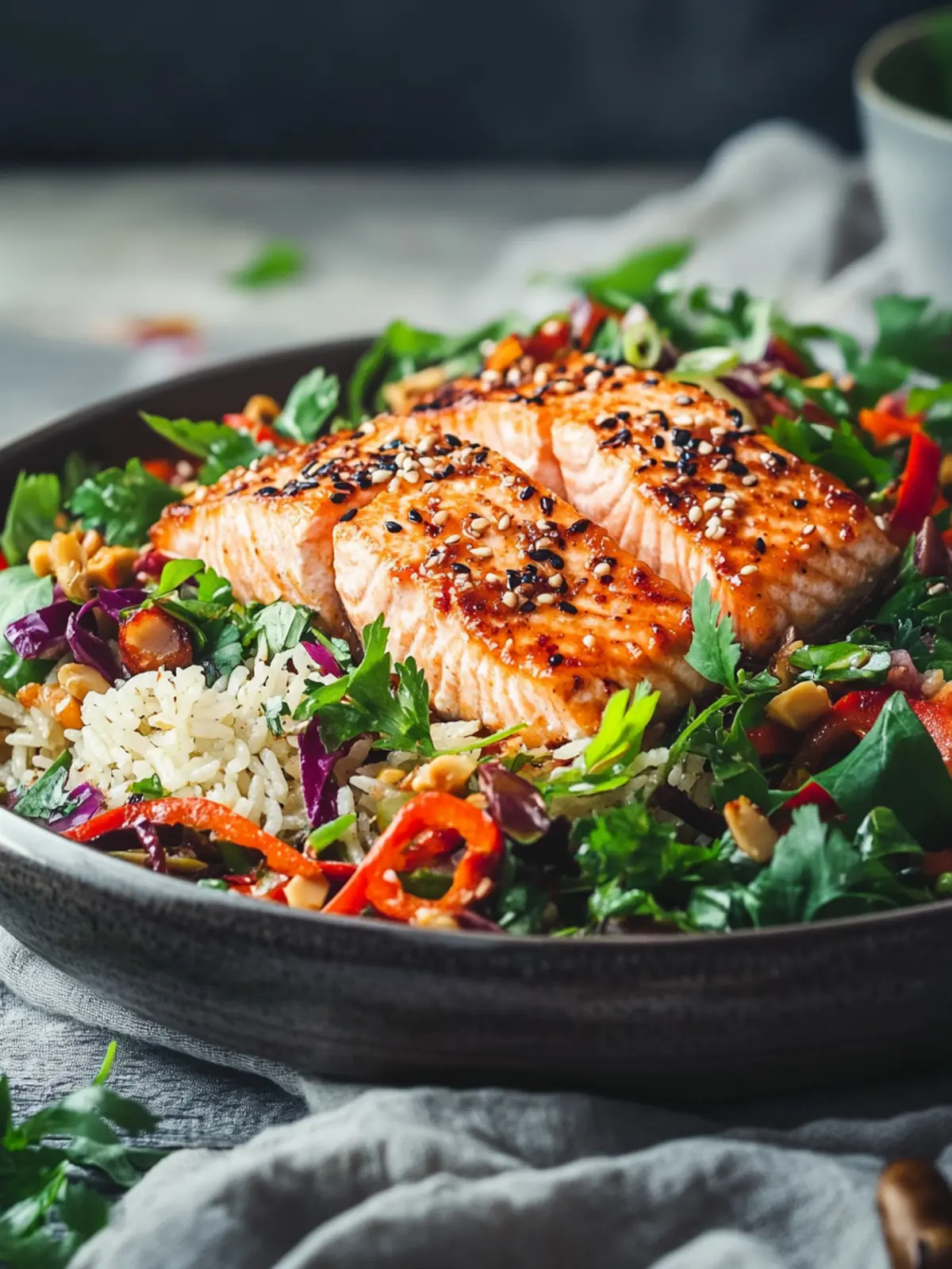 Crispy Rice Salmon Salad with Peanut Dressing
