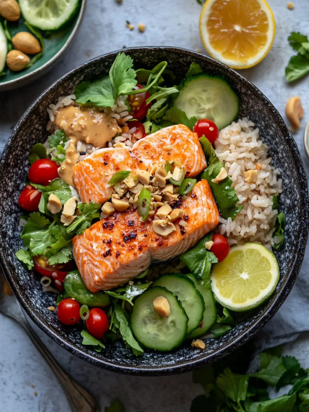Crispy Rice Salmon Salad with Peanut Dressing
