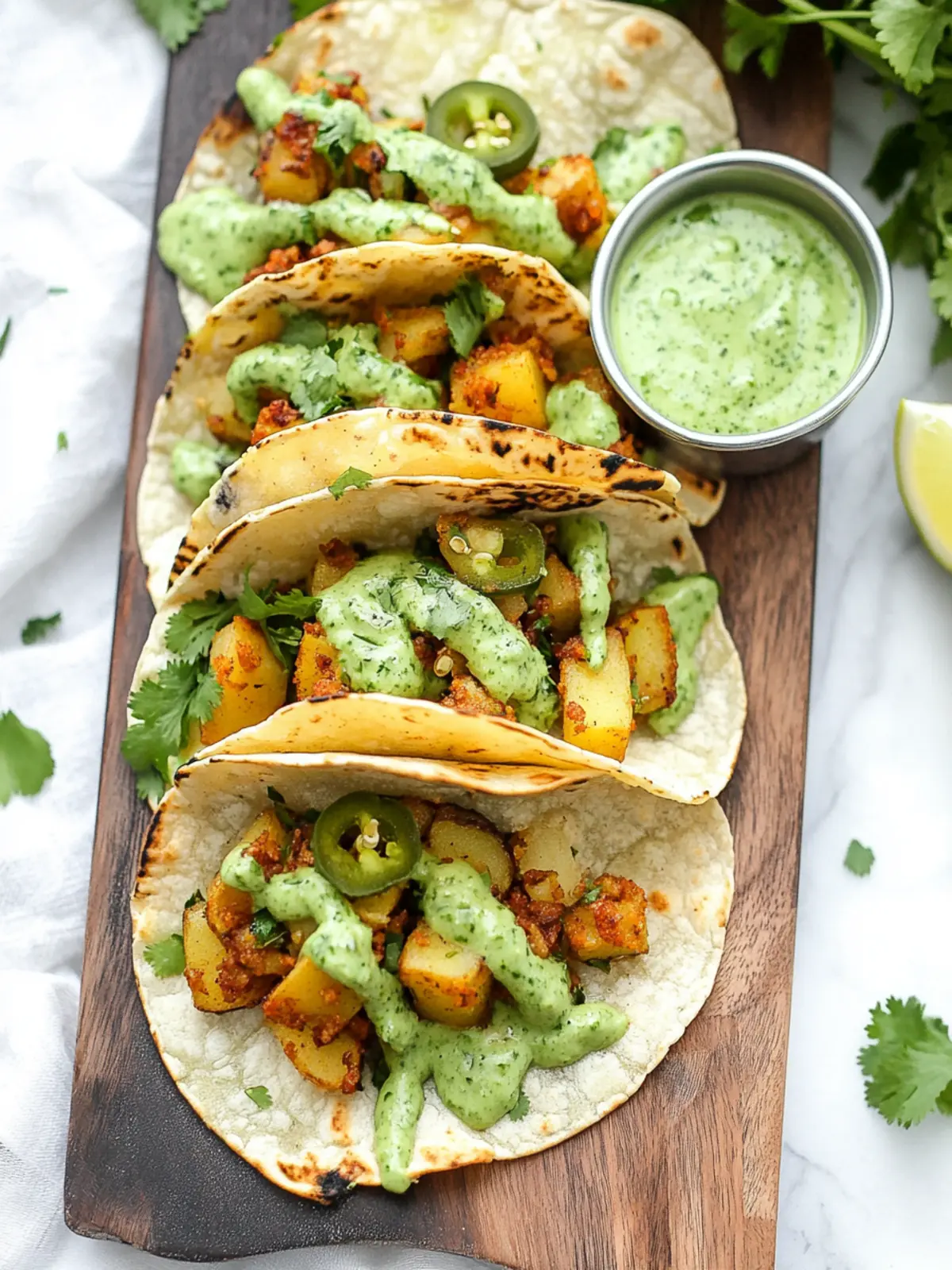 Crispy Vegan Potato Tacos with Jalapeño Cilantro Sauce