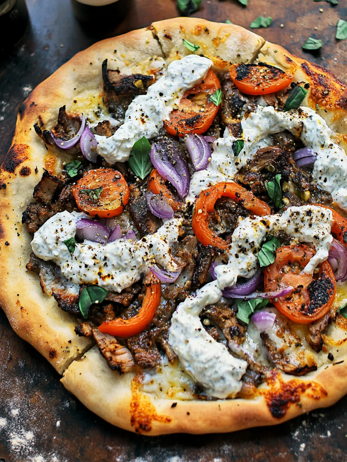 Gyro Pizza with a Tzatziki Drizzle
