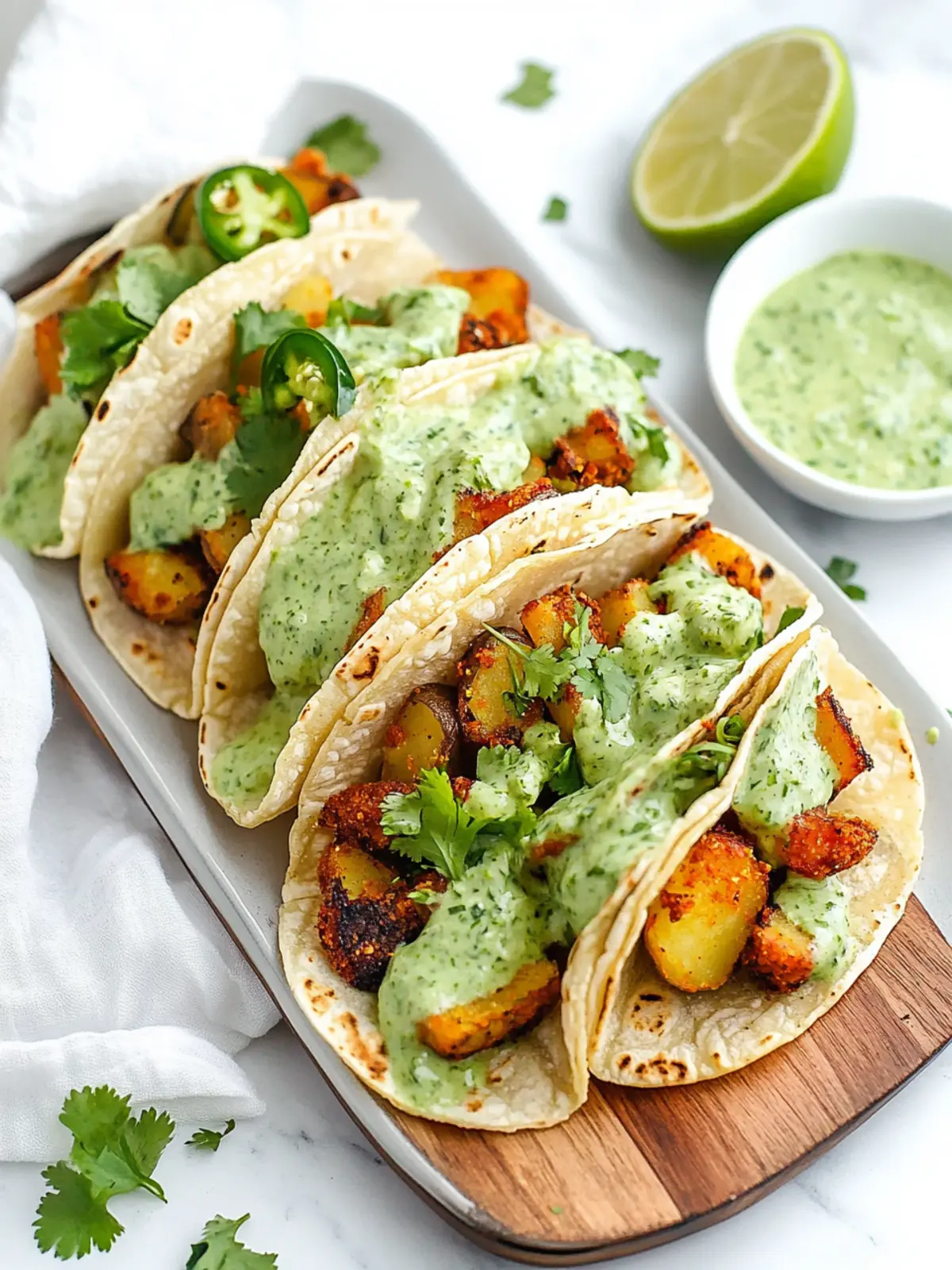 Crispy Vegan Potato Tacos with Jalapeño Cilantro Sauce