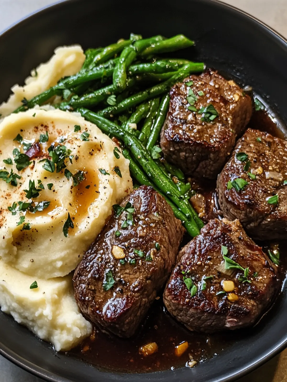 Garlic Parmesan Steak Bites with Mashed Potatoes