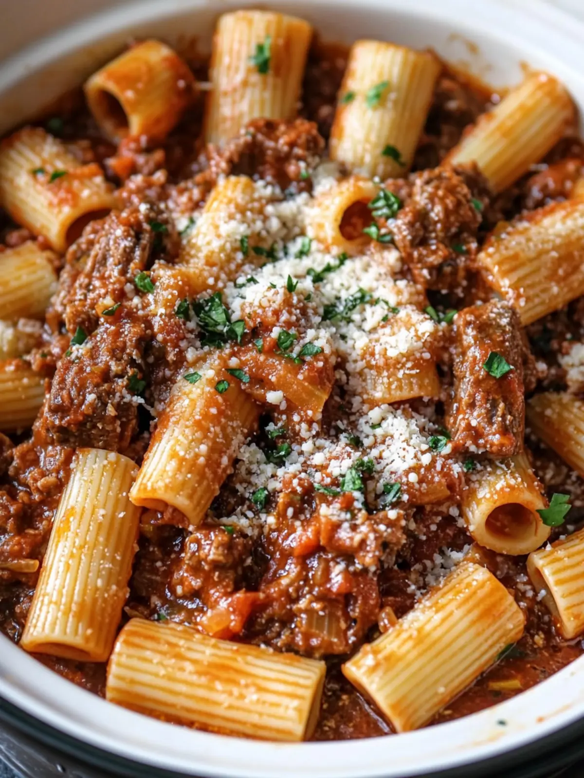 Slow Cooker Red Wine Beef Ragu Rigatoni