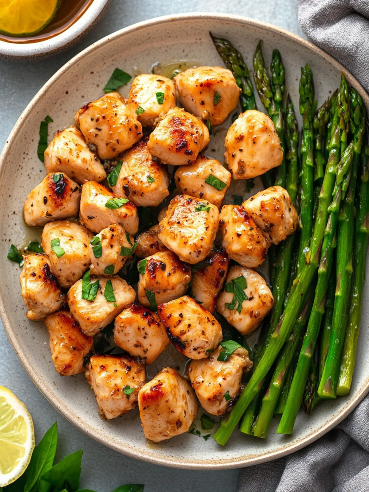High Protein Garlic Butter Chicken Bites with Asparagus