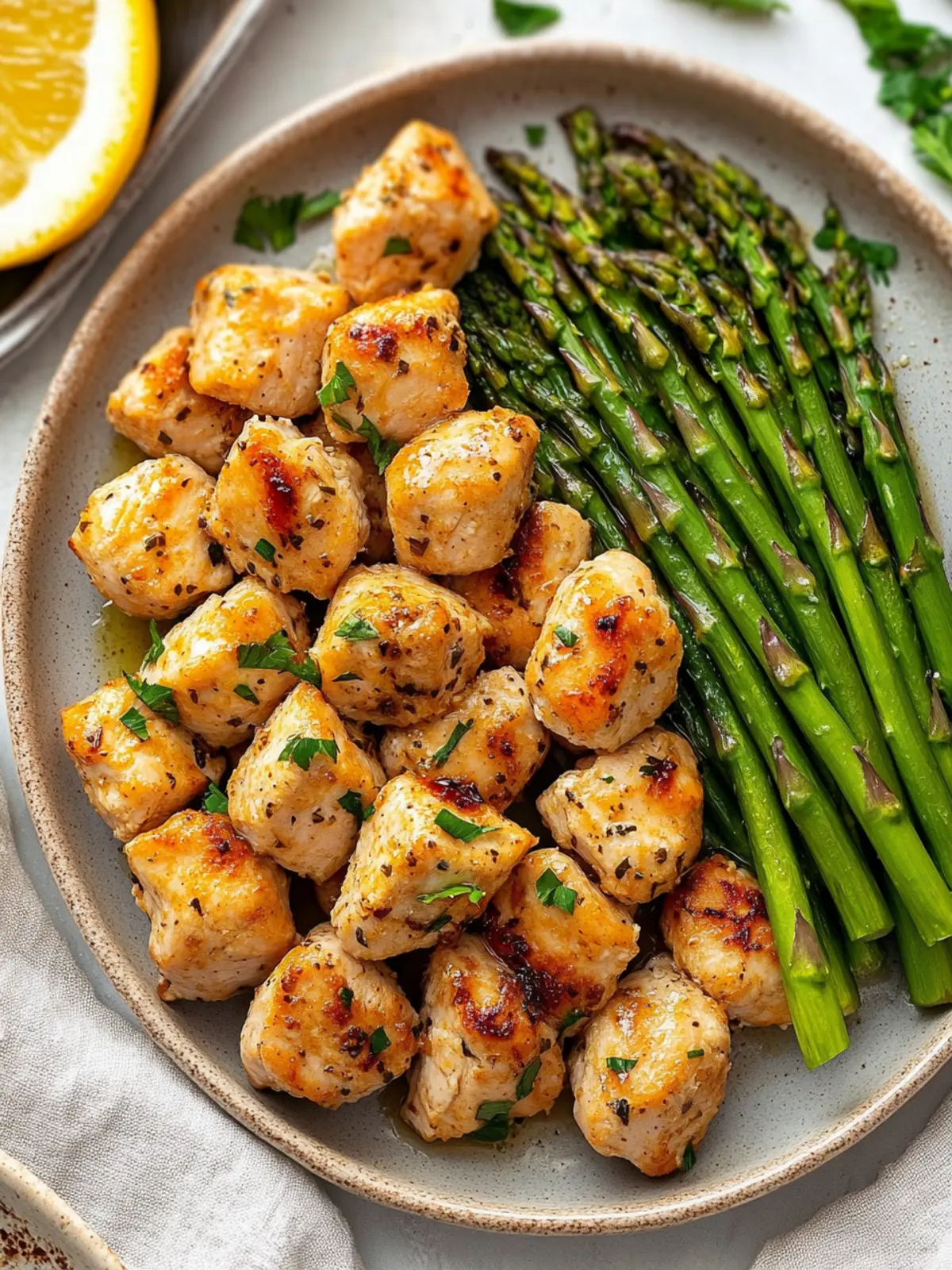 High Protein Garlic Butter Chicken Bites with Asparagus