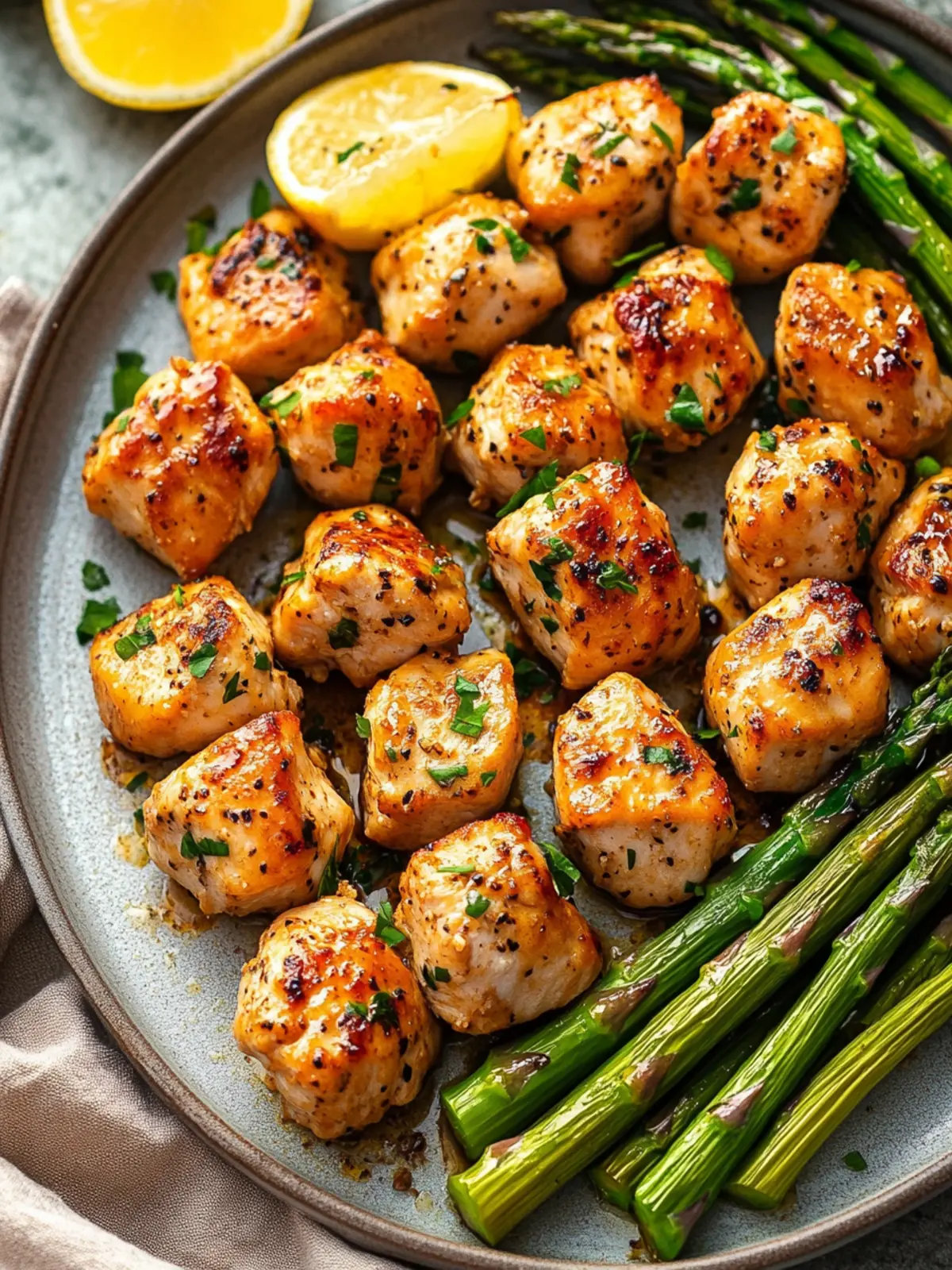 High Protein Garlic Butter Chicken Bites with Asparagus