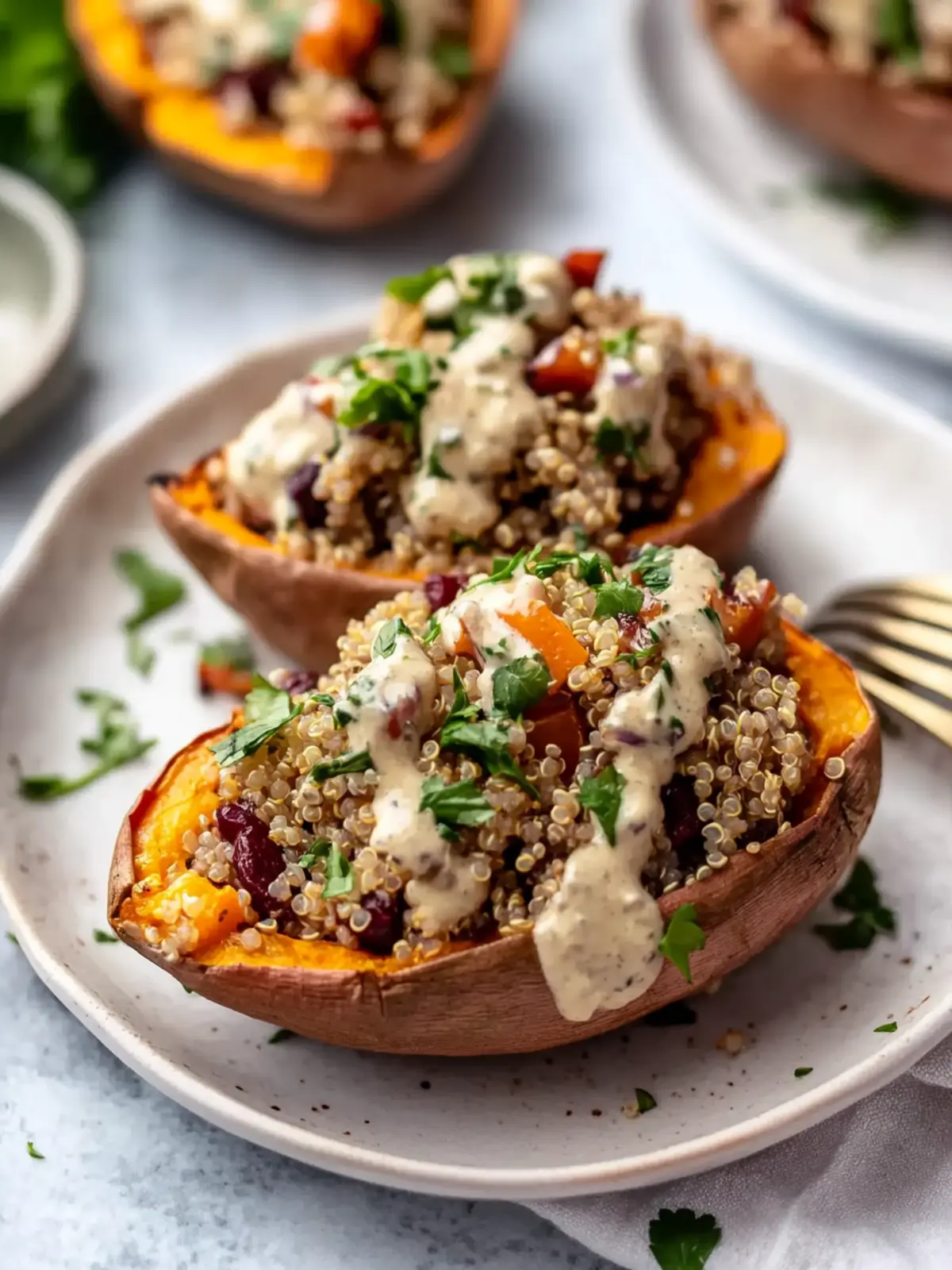 Vegan Stuffed Sweet Potatoes with Mediterranean Quinoa