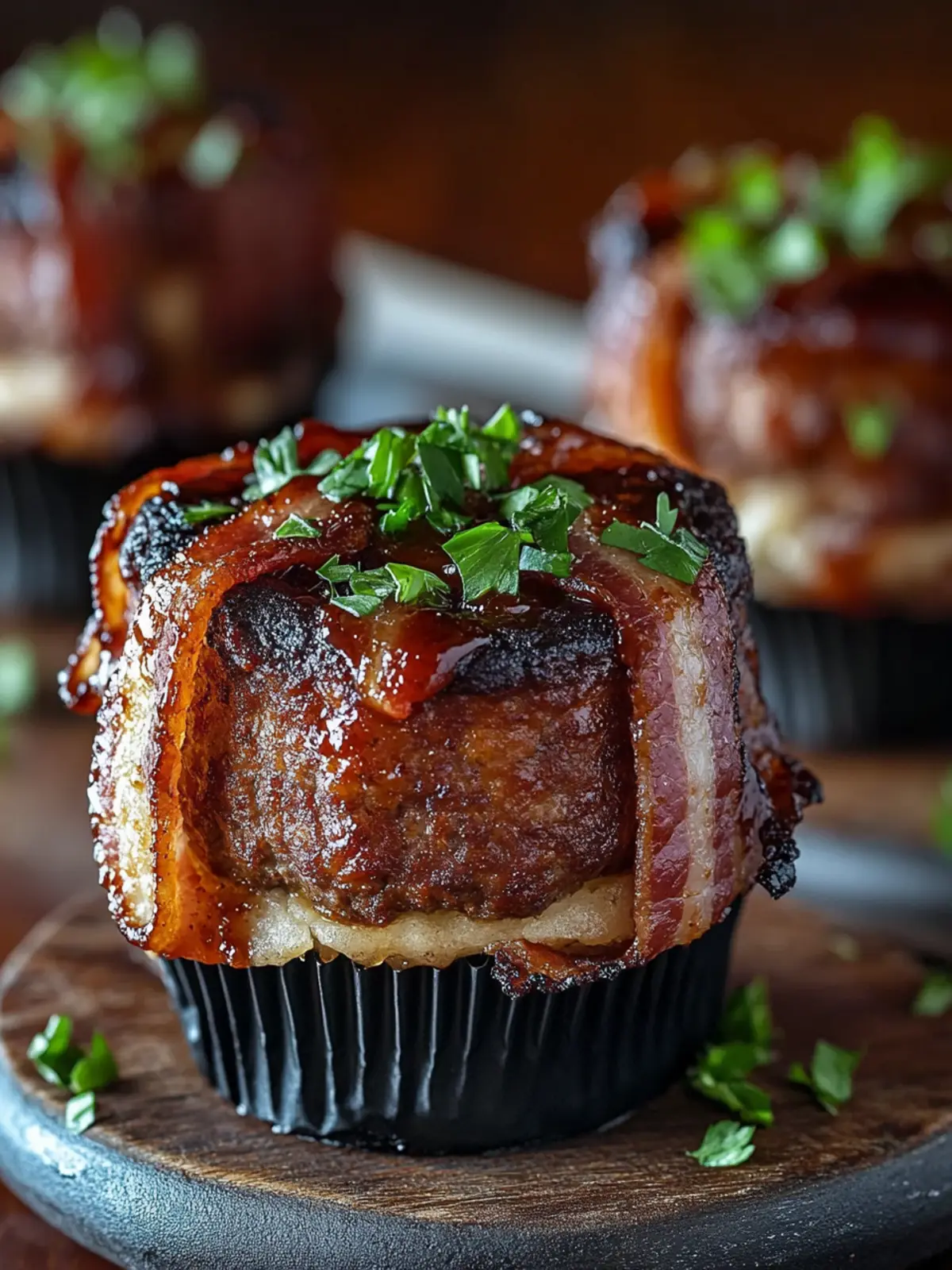 Smoky Bourbon BBQ Beef Bacon-Wrapped Meatloaf Cupcakes